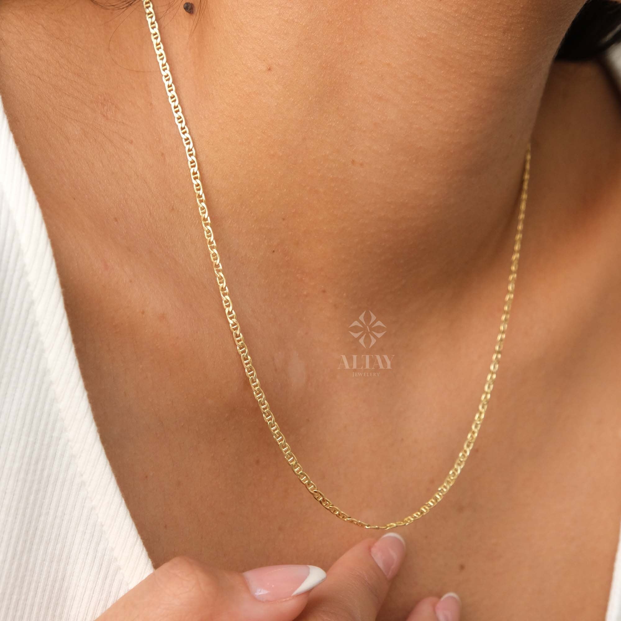 14K Gold Mariner Chain Necklace, 2mm Mariner Link Chain Necklace, Anchor Link Necklace, Flat Mariner Necklace, Minimalist Layering Necklace