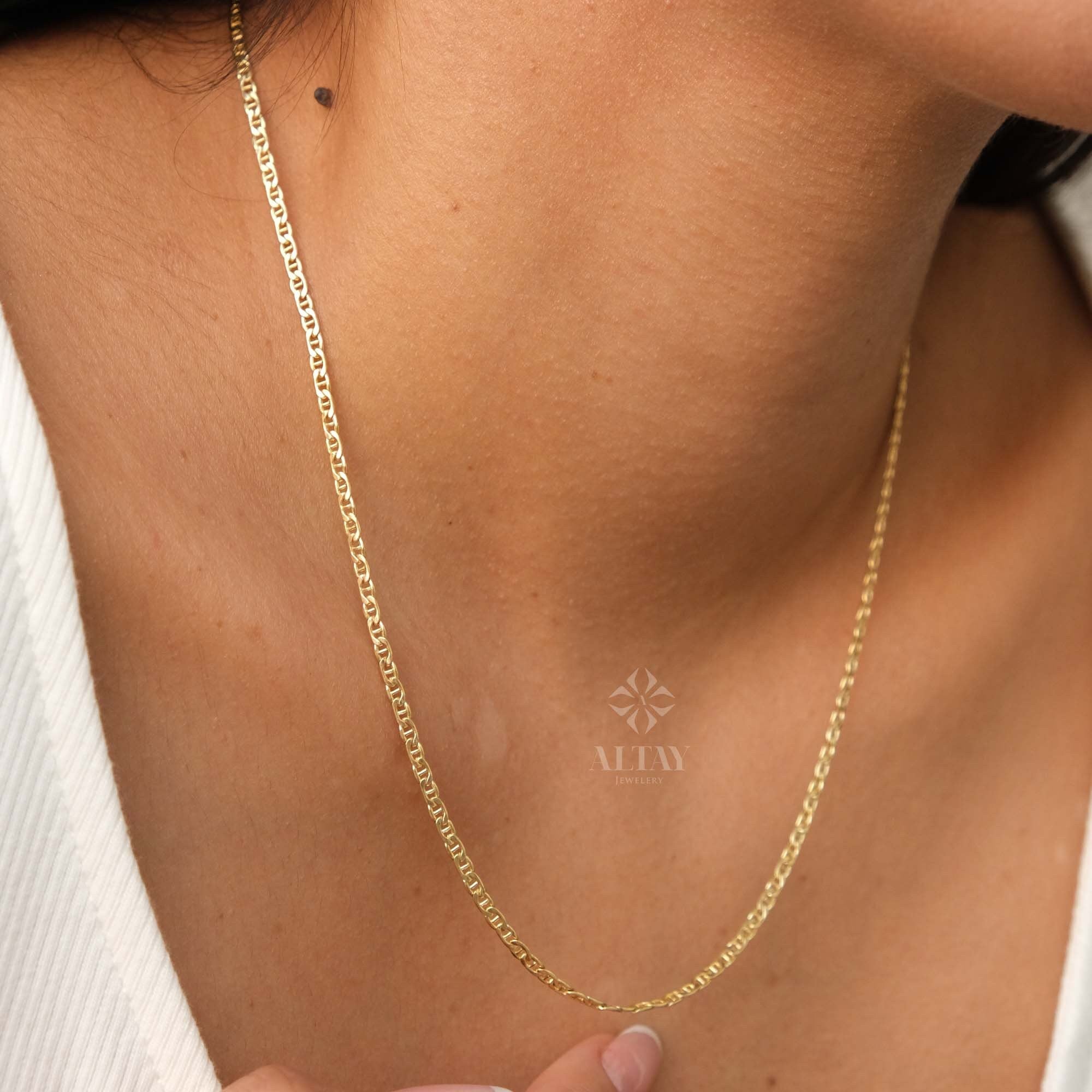 14K Gold Mariner Chain Necklace, 2mm Mariner Link Chain Necklace, Anchor Link Necklace, Flat Mariner Necklace, Minimalist Layering Necklace