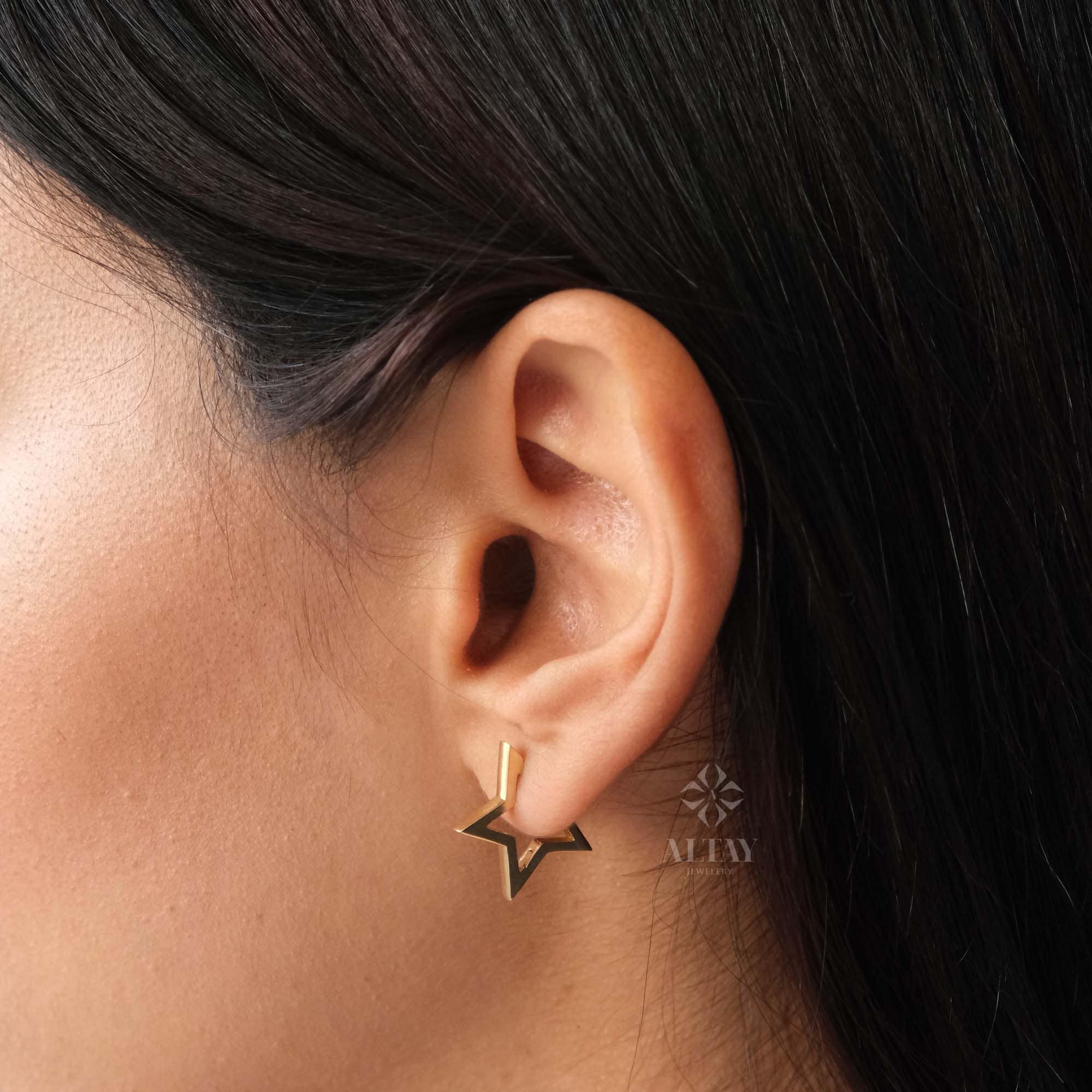 14K Gold Star Hoop Earrings, Open Star Huggie Earrings, Mini Starburst Earring, Stacking Gold Earrings, Minimalist Modern Hoop Gold Earrings