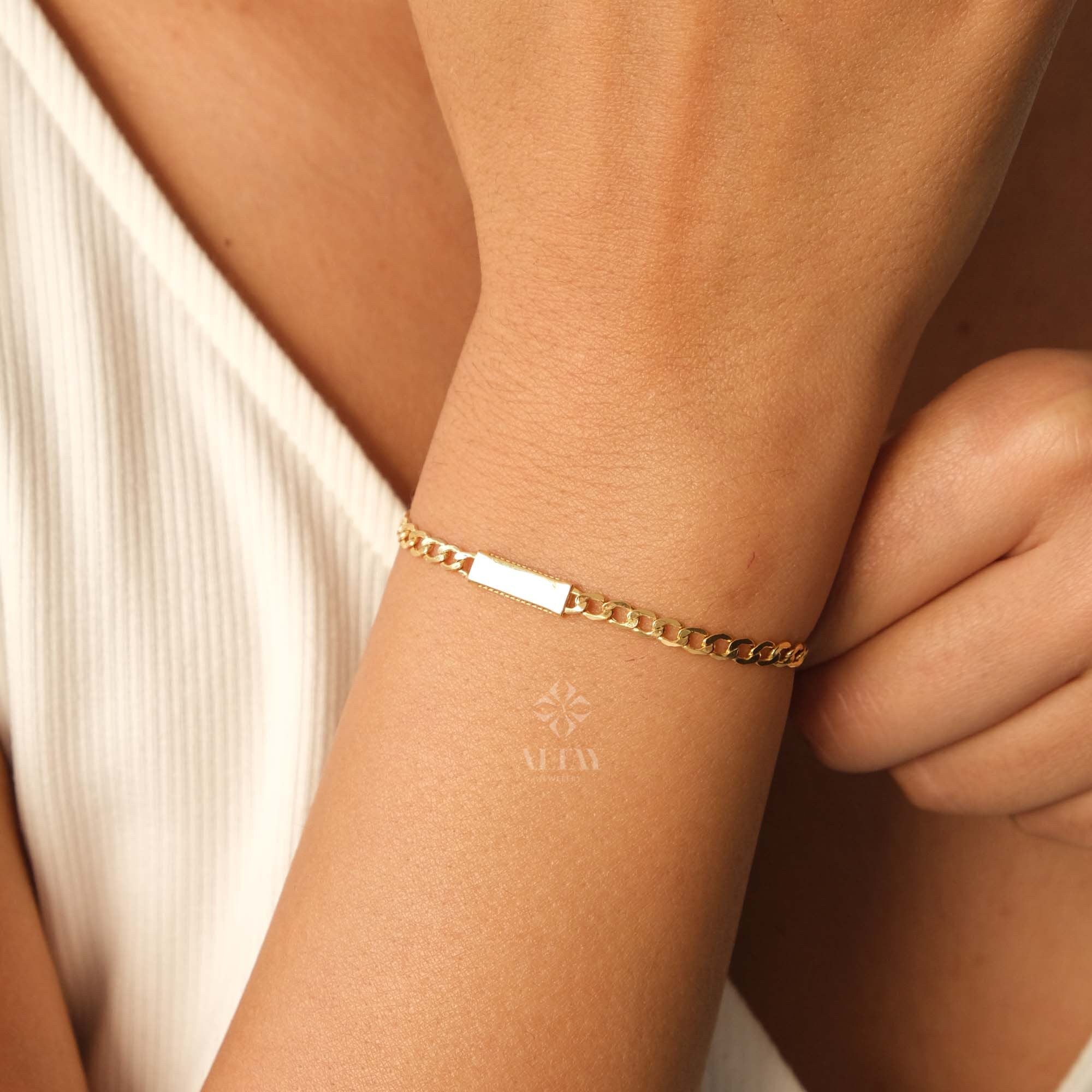 14K Gold Cuban Link Bracelet, Dainty Bar Bracelet, Curb Chunky Engraved Bracelet, Skinny Bar Bracelet, Stacking Bracelet, Men Women Chain