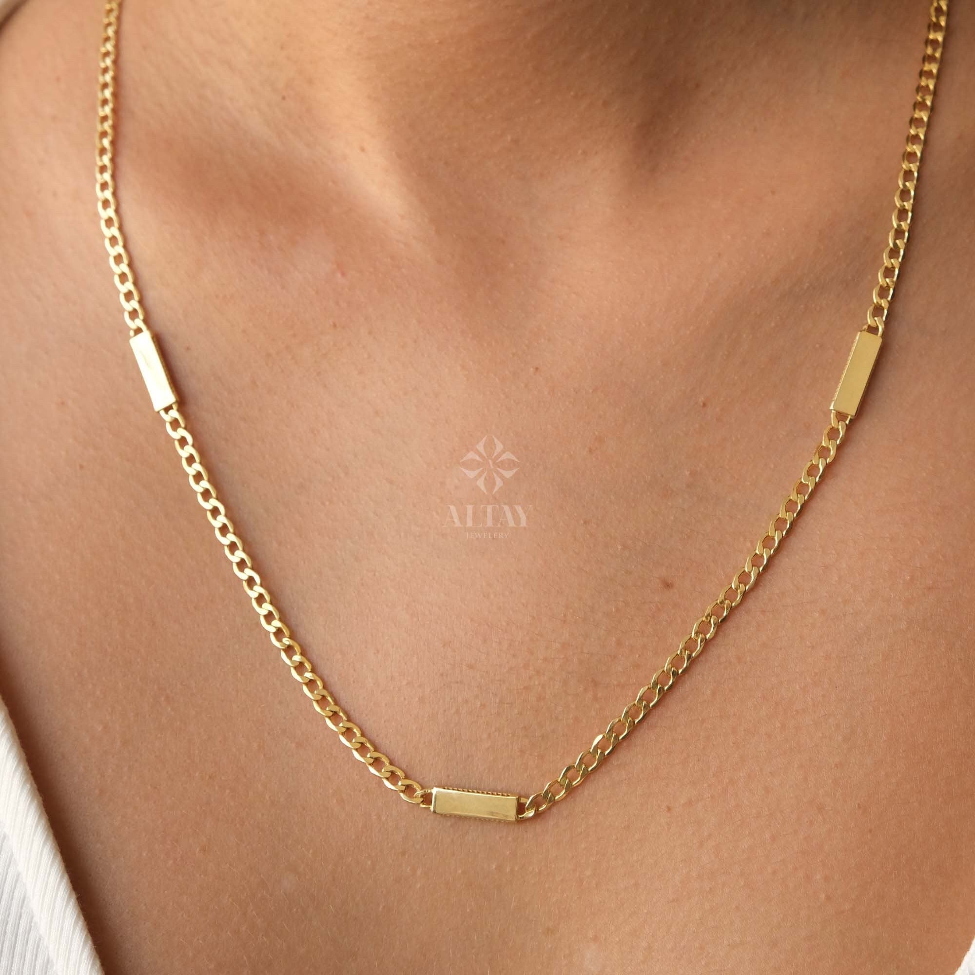 14K Gold Cuban Link Necklace, Dainty Bar Necklace, Curb Chunky Engraved Necklace, Skinny Bar Necklace, Stacking Necklace, Men Women Chain