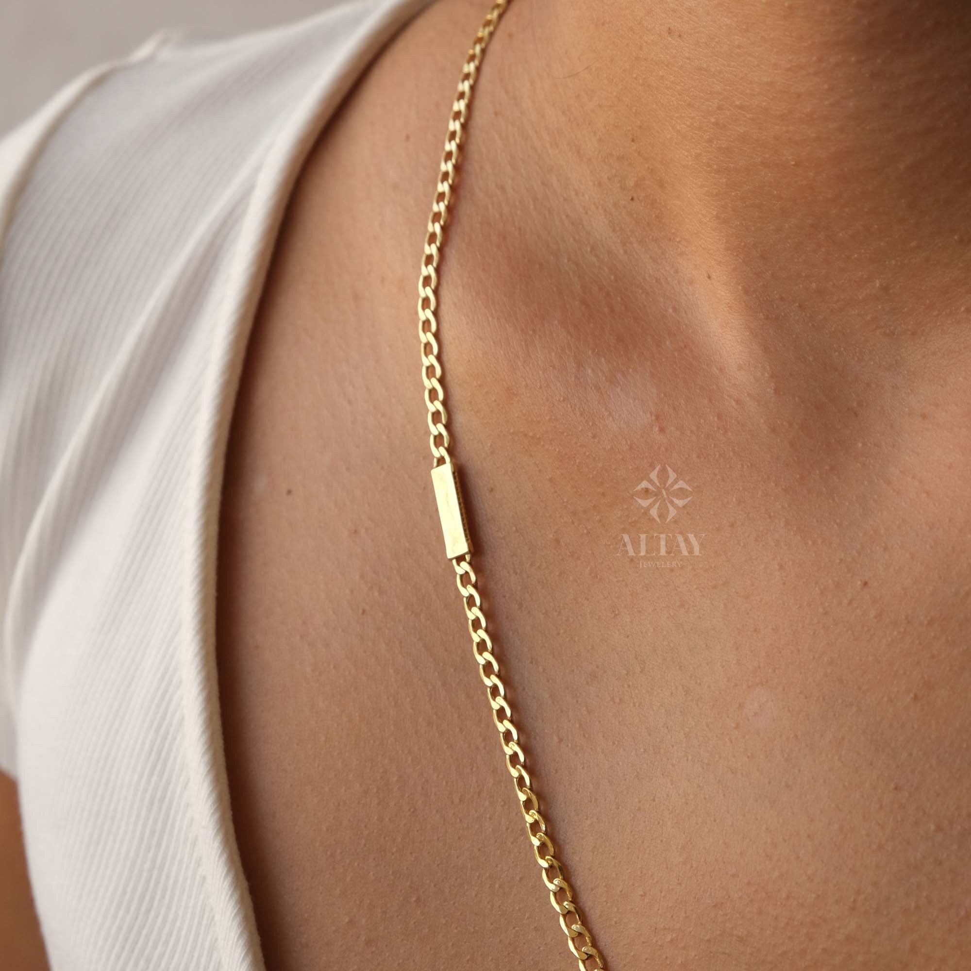 14K Gold Cuban Link Necklace, Dainty Bar Necklace, Curb Chunky Engraved Necklace, Skinny Bar Necklace, Stacking Necklace, Men Women Chain