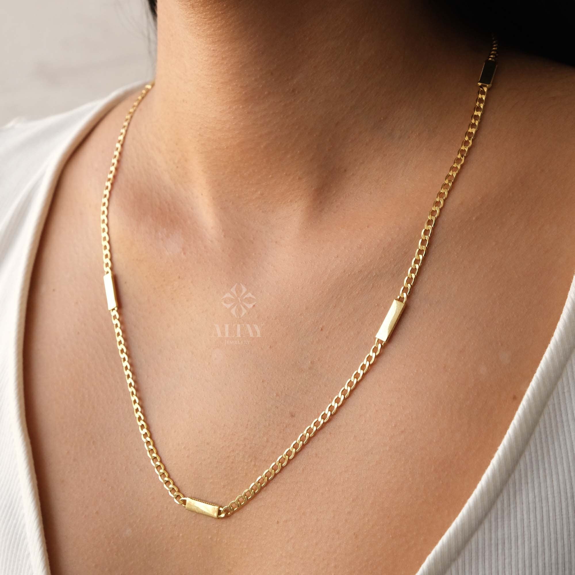 14K Gold Cuban Link Necklace, Dainty Bar Necklace, Curb Chunky Engraved Necklace, Skinny Bar Necklace, Stacking Necklace, Men Women Chain