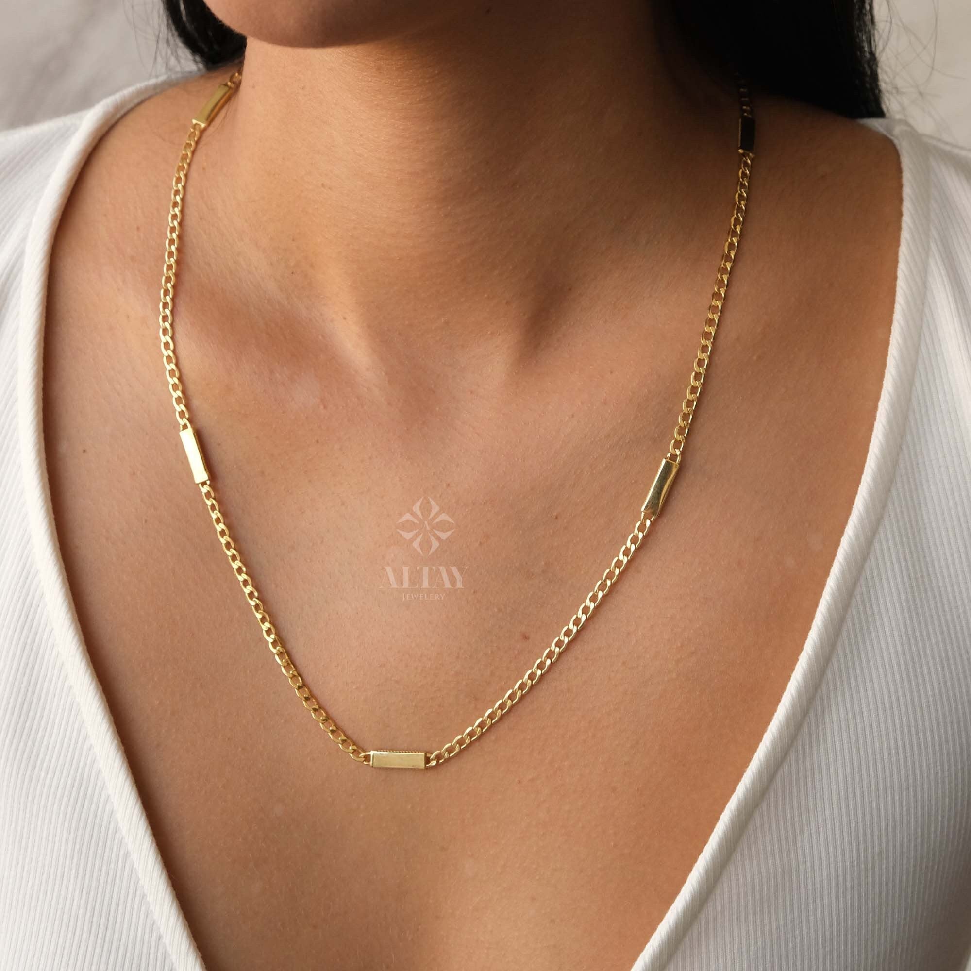 14K Gold Cuban Link Necklace, Dainty Bar Necklace, Curb Chunky Engraved Necklace, Skinny Bar Necklace, Stacking Necklace, Men Women Chain