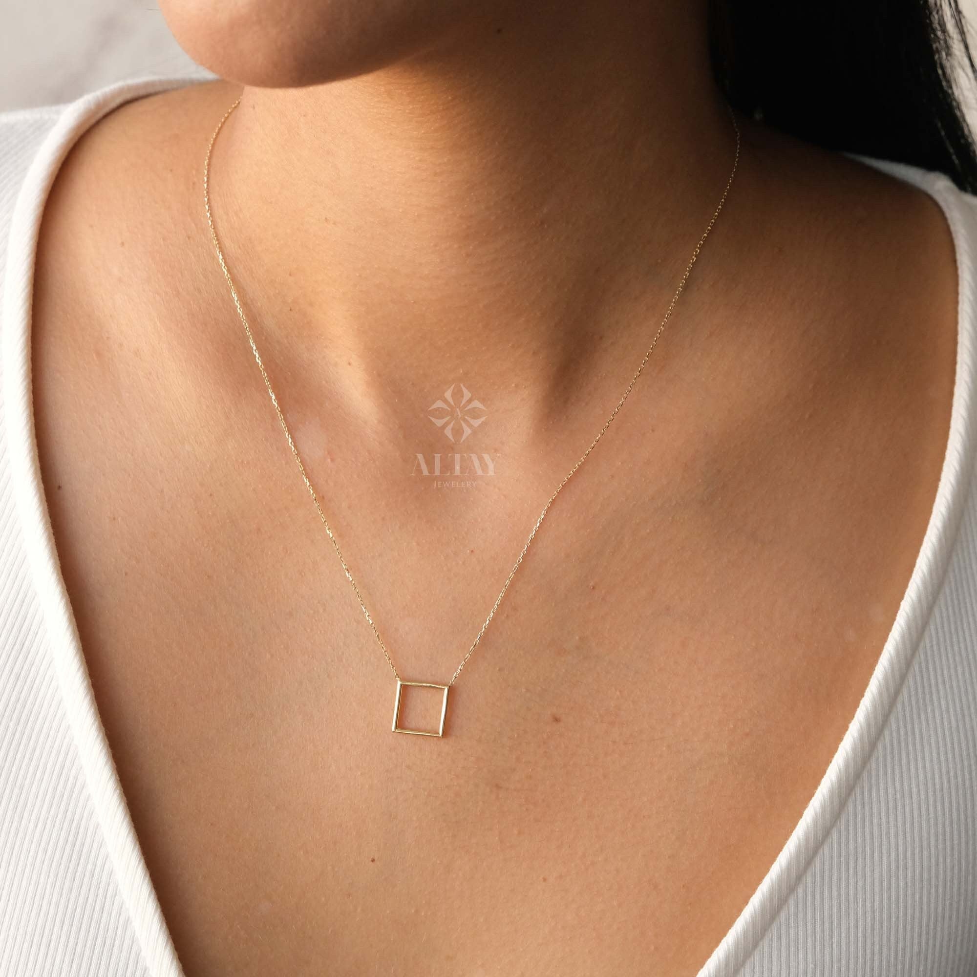 14K Gold Open Square Necklace, Small Square Pendant, Square Charm Choker, Family Necklace, Mini Kite Necklace, Layering Charm Necklace