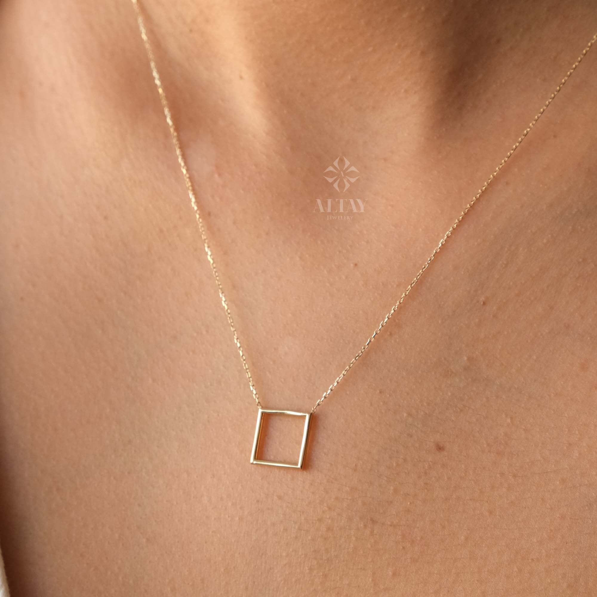 14K Gold Open Square Necklace, Small Square Pendant, Square Charm Choker, Family Necklace, Mini Kite Necklace, Layering Charm Necklace