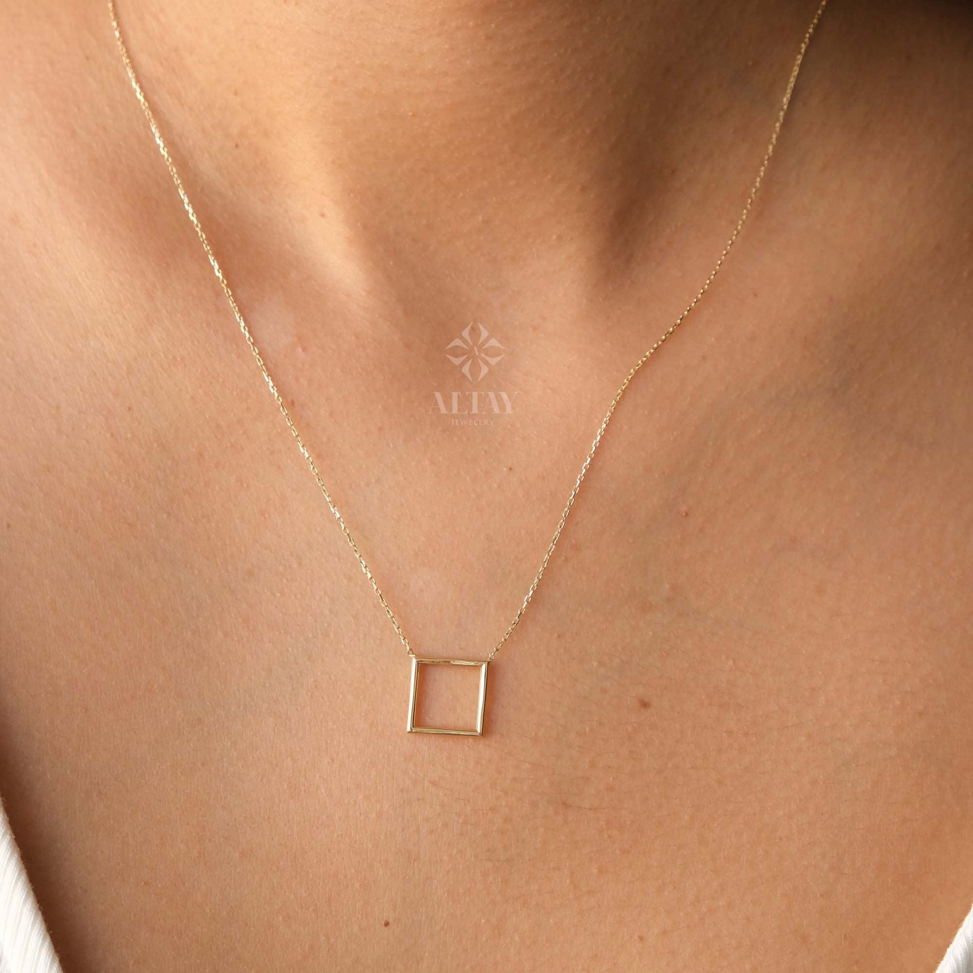 14K Gold Open Square Necklace, Small Square Pendant, Square Charm Choker, Family Necklace, Mini Kite Necklace, Layering Charm Necklace