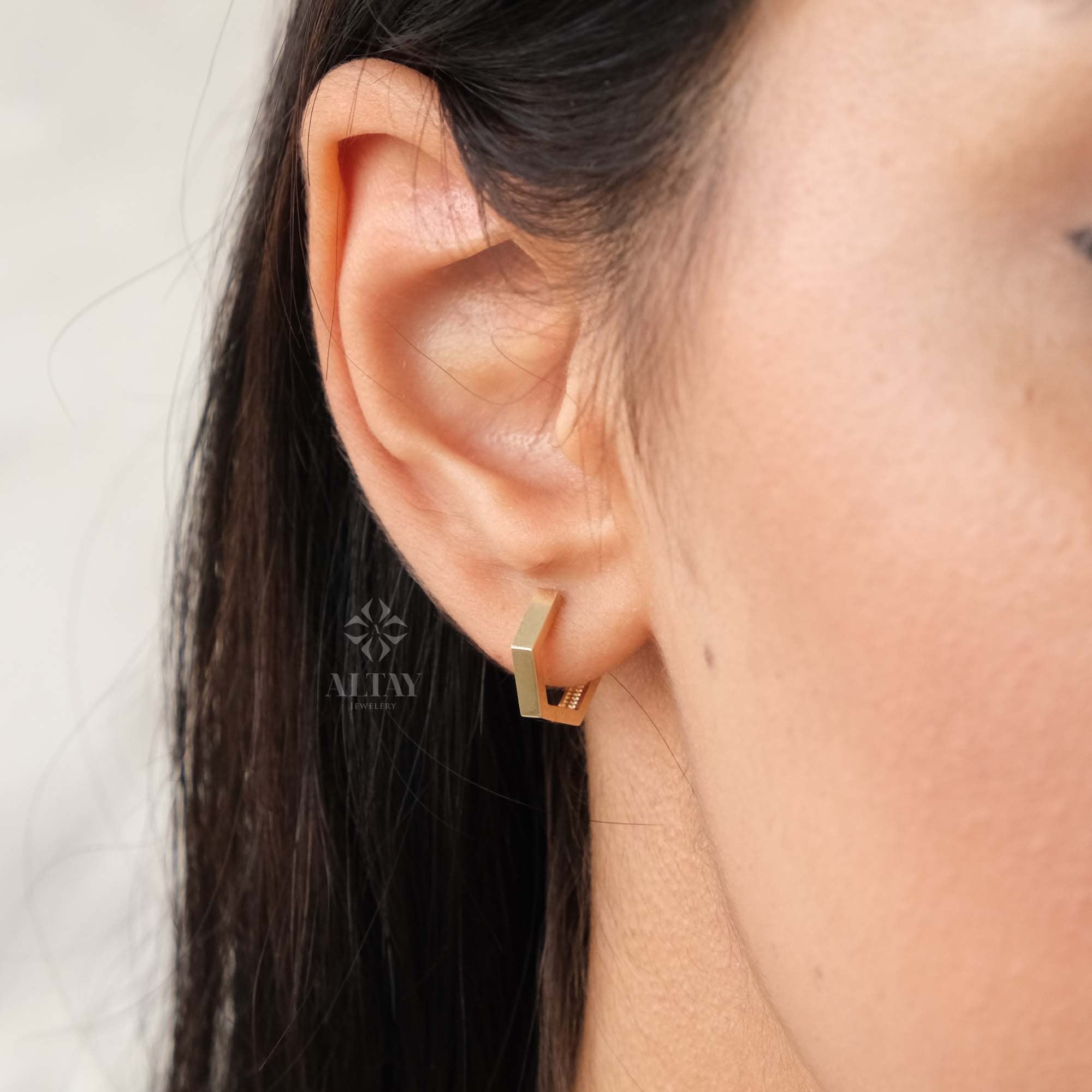 14K Gold Hoop Earring, 12mm Hexagon Gold Hoops, Geometric Gold Earrings, Dainty Hoops Huggies, Tiny Everyday Earrings, Shiny Finish Earrings