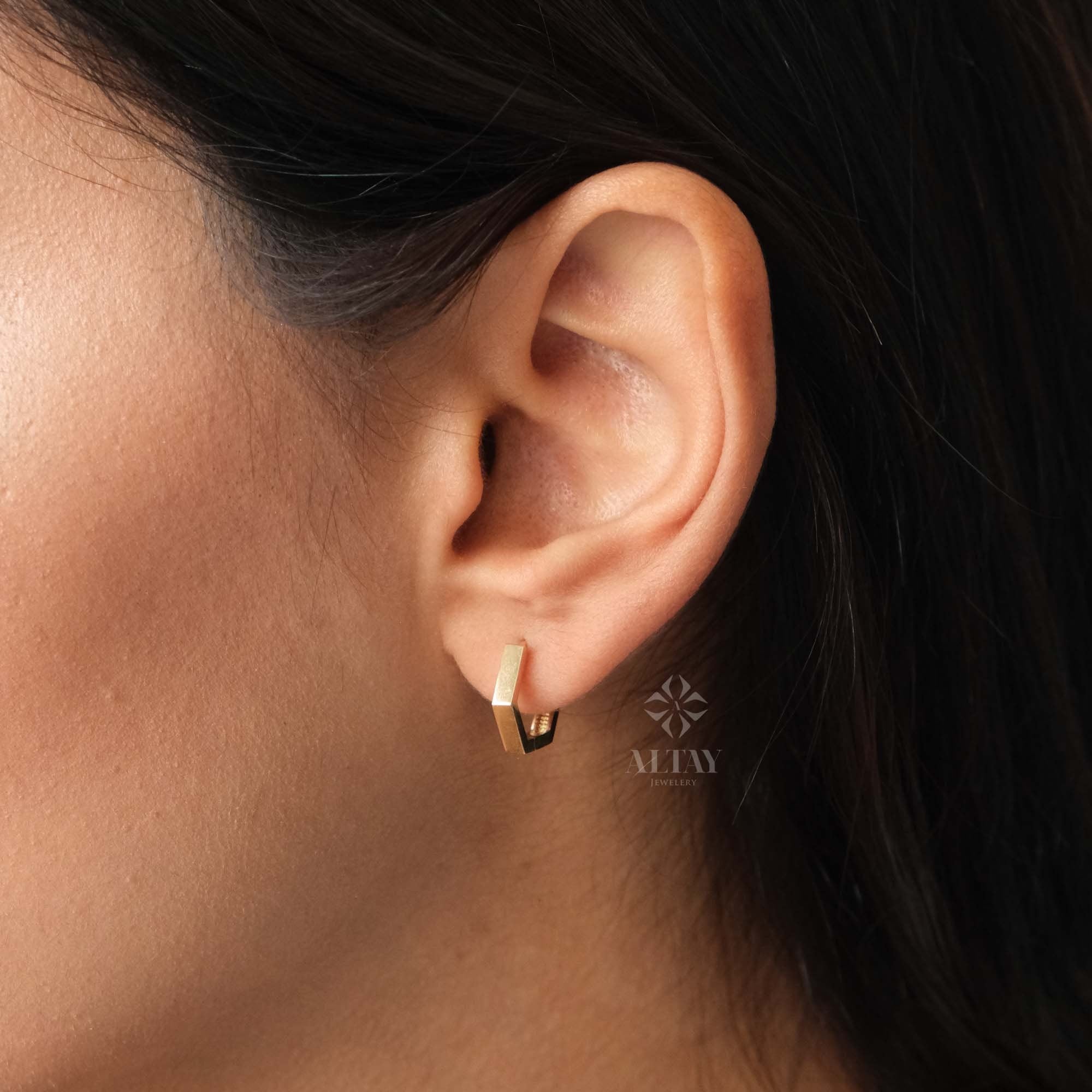 14K Gold Hoop Earring, 12mm Hexagon Gold Hoops, Geometric Gold Earrings, Dainty Hoops Huggies, Tiny Everyday Earrings, Shiny Finish Earrings