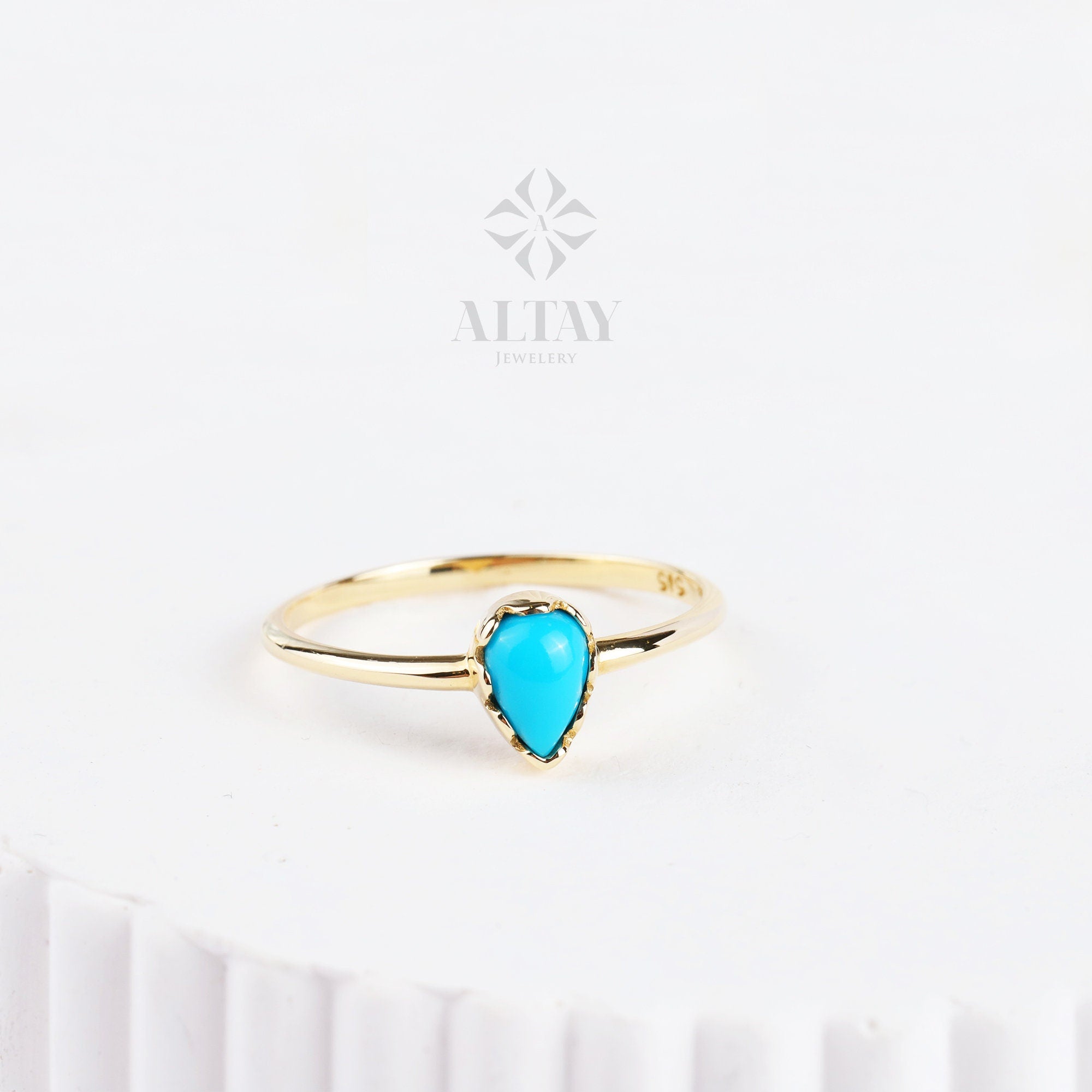 14K Solid Gold Drop Ring, Turquoise Pear Stone Ring, Dainty Knuckle Band, Stackable Ring, Gift For Her, Minimal Ring, Colorful Stone Ring