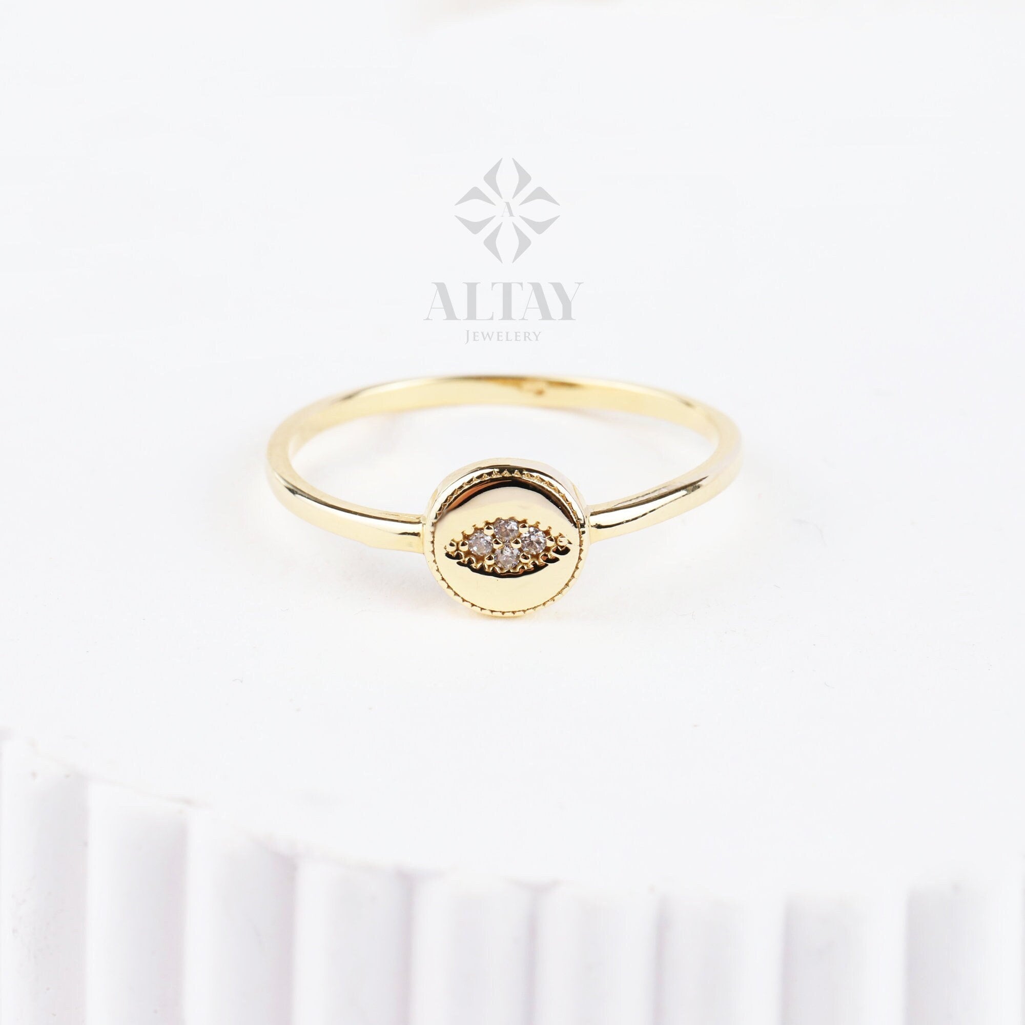 14K Gold Evil Eye Ring, Evil Eye CZ Diamond Band Ring, Hamsa Ring, Ring for Women, Third Eye Ring, Delicate Pinky Protection Ring