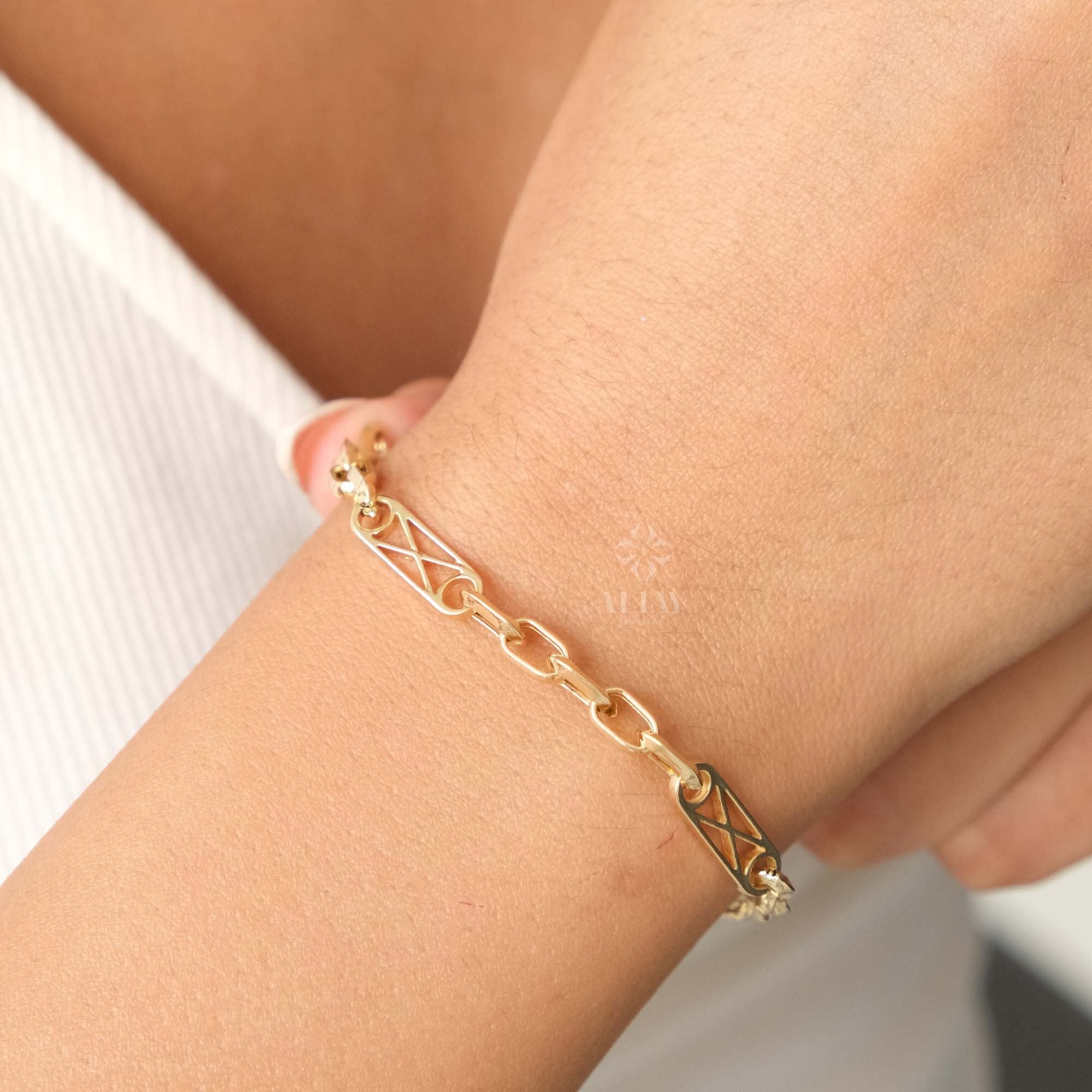 14K Gold Rectangle Long Chain Bracelet, Paperclip Italian Rolo Chain, Chunky Oval Chain Link Bracelet, Layered Everyday Wristband Bracelet