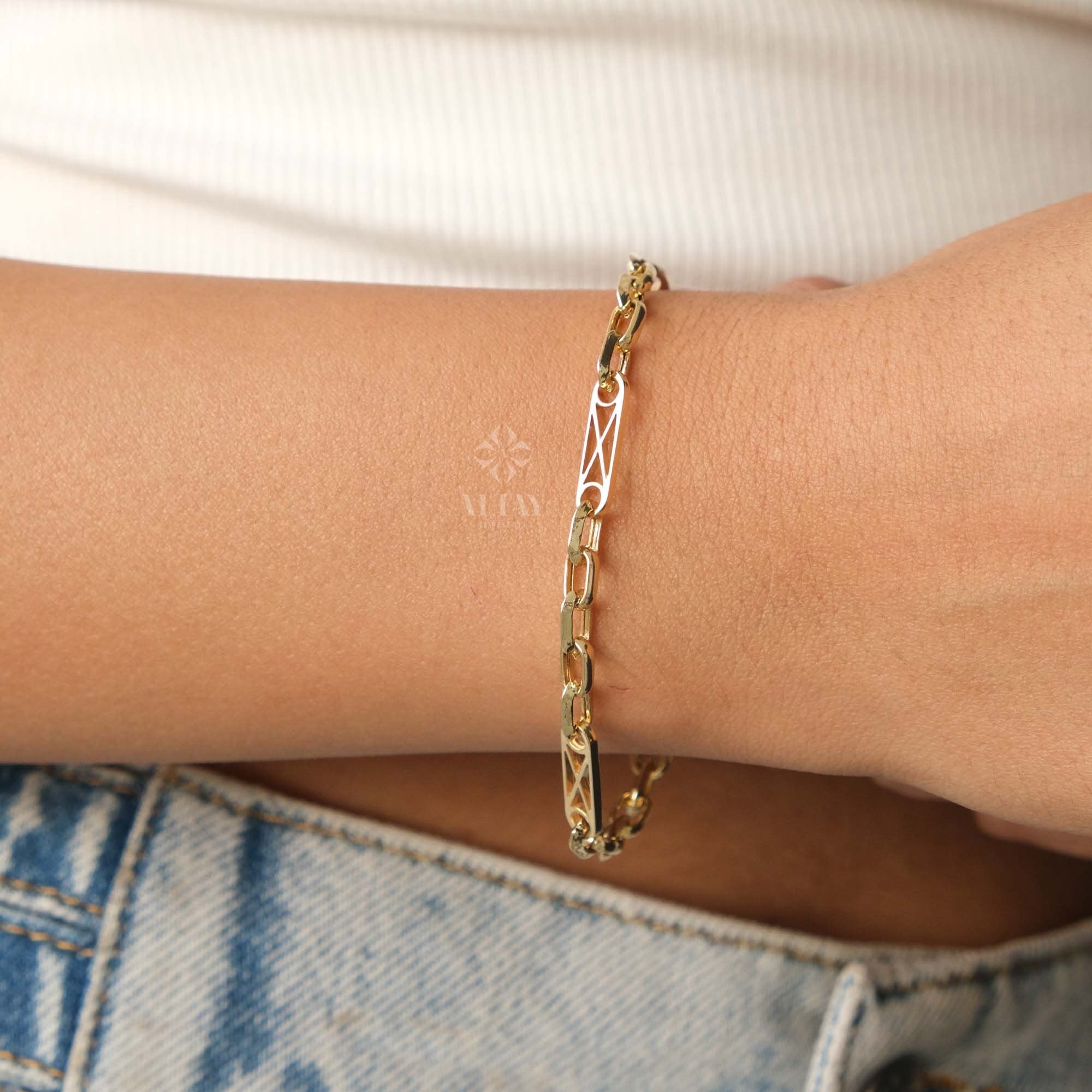 14K Gold Rectangle Long Chain Bracelet, Paperclip Italian Rolo Chain, Chunky Oval Chain Link Bracelet, Layered Everyday Wristband Bracelet