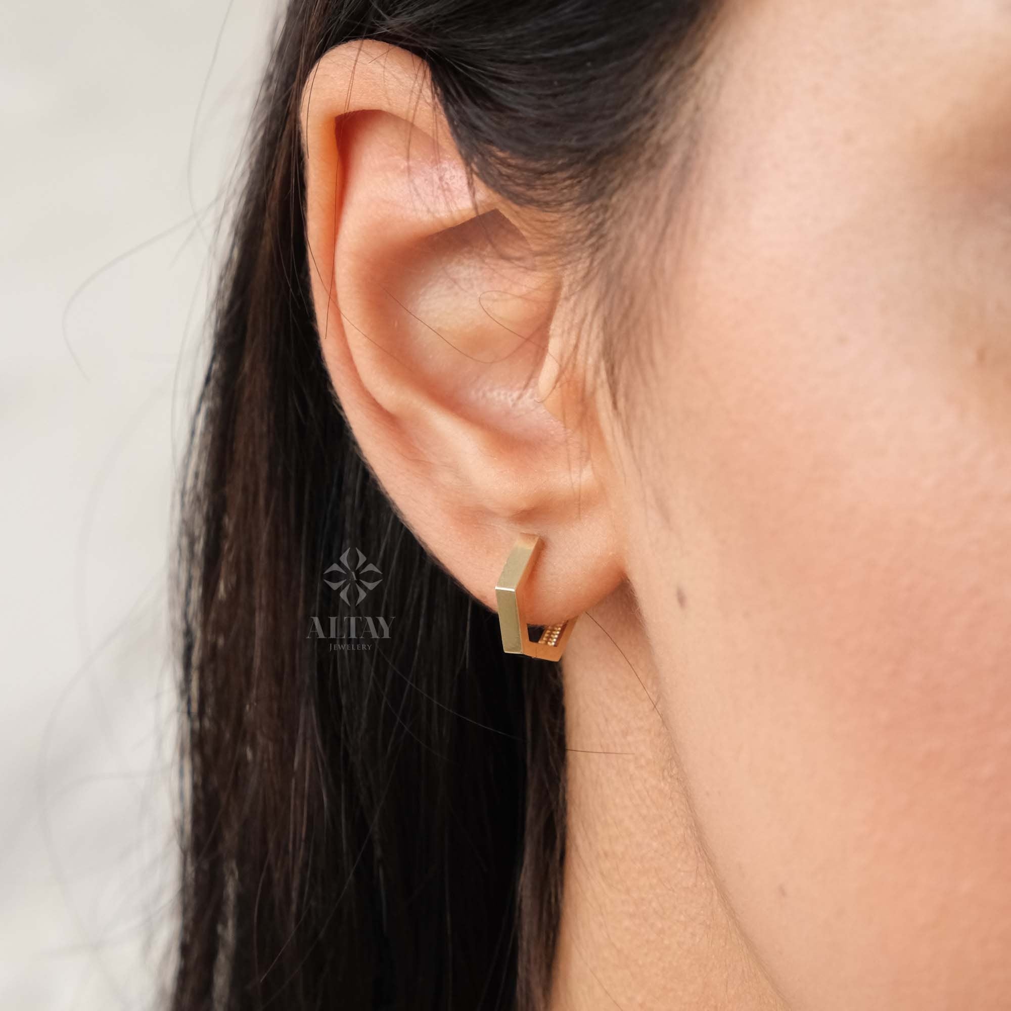 14K Gold Hoop Earring, 12mm Hexagon Gold Hoops, Geometric Gold Earrings, Dainty Hoops Huggies, Tiny Everyday Earrings, Shiny Finish Earrings