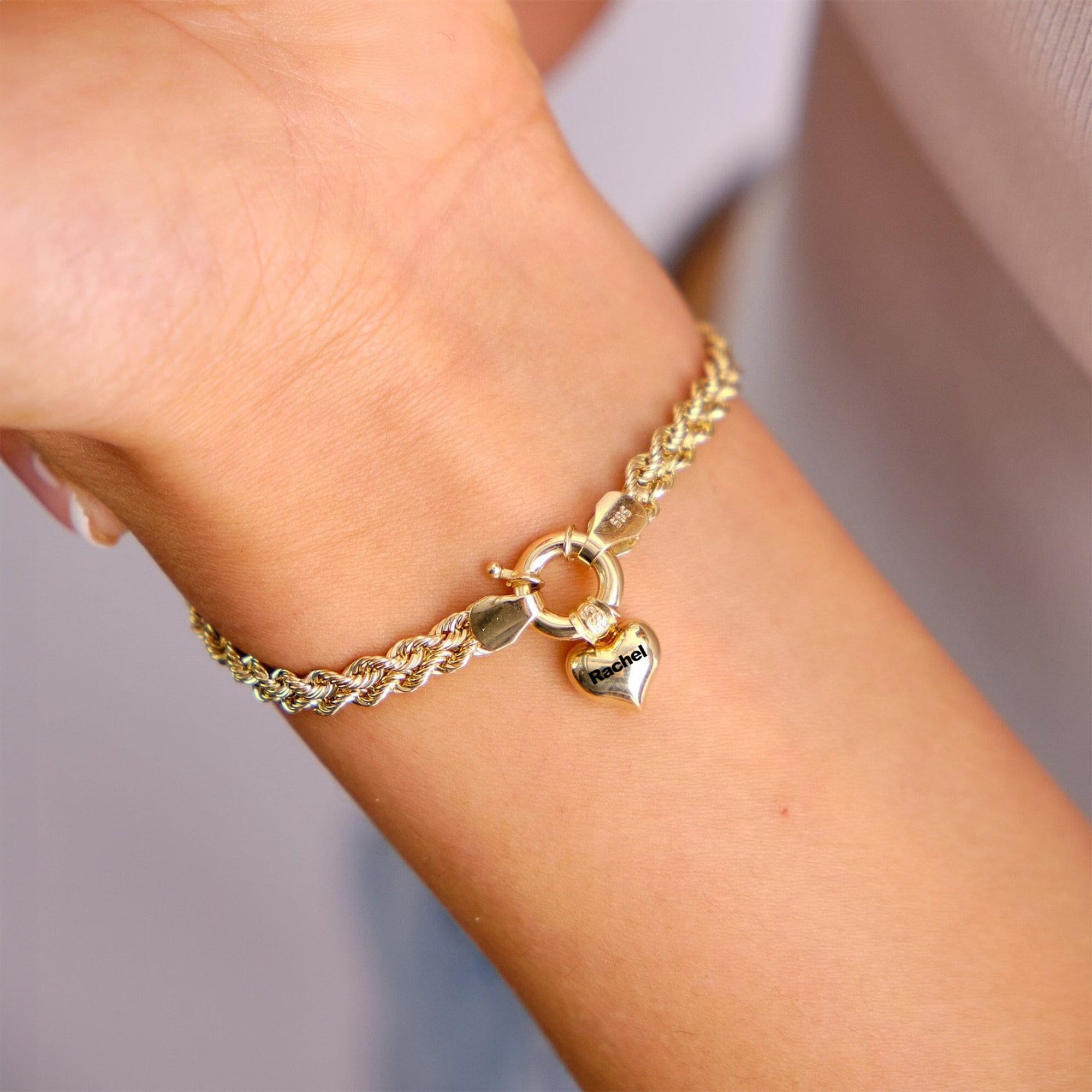 14K Gold Rope Chain Bracelet, 4.7mm Dainty Rope Bracelet, Personalized Heart Charm, Custom Engraved Heart Rope Bracelet, Name Bracelet