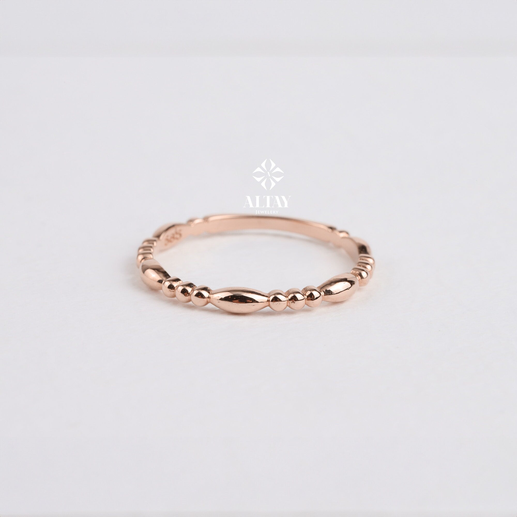 14K Gold Ball Ring, Beaded Knuckle Band, Tiny Bead Ring, Minimalist Stacking Ring, Oval Bead Eternity Ring, Dainty Wedding Ring, Drop Shape
