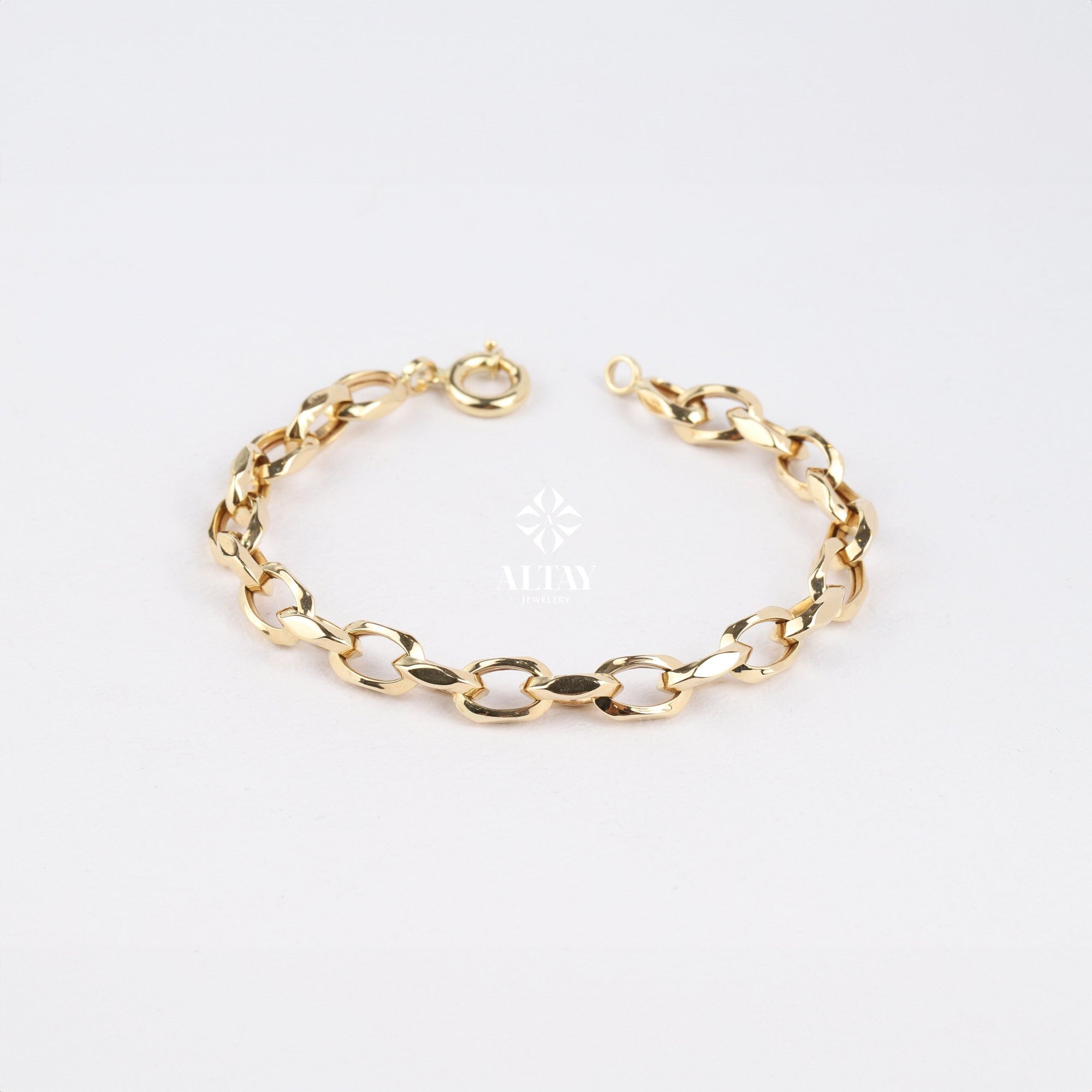 14K Gold Paperclip Rolo Chain Bracelet, Belcher Chain Bracelet, Oval Rectangle Paper Clip Chain, Faced Chain Bracelet, Dainty Gold Bracelet