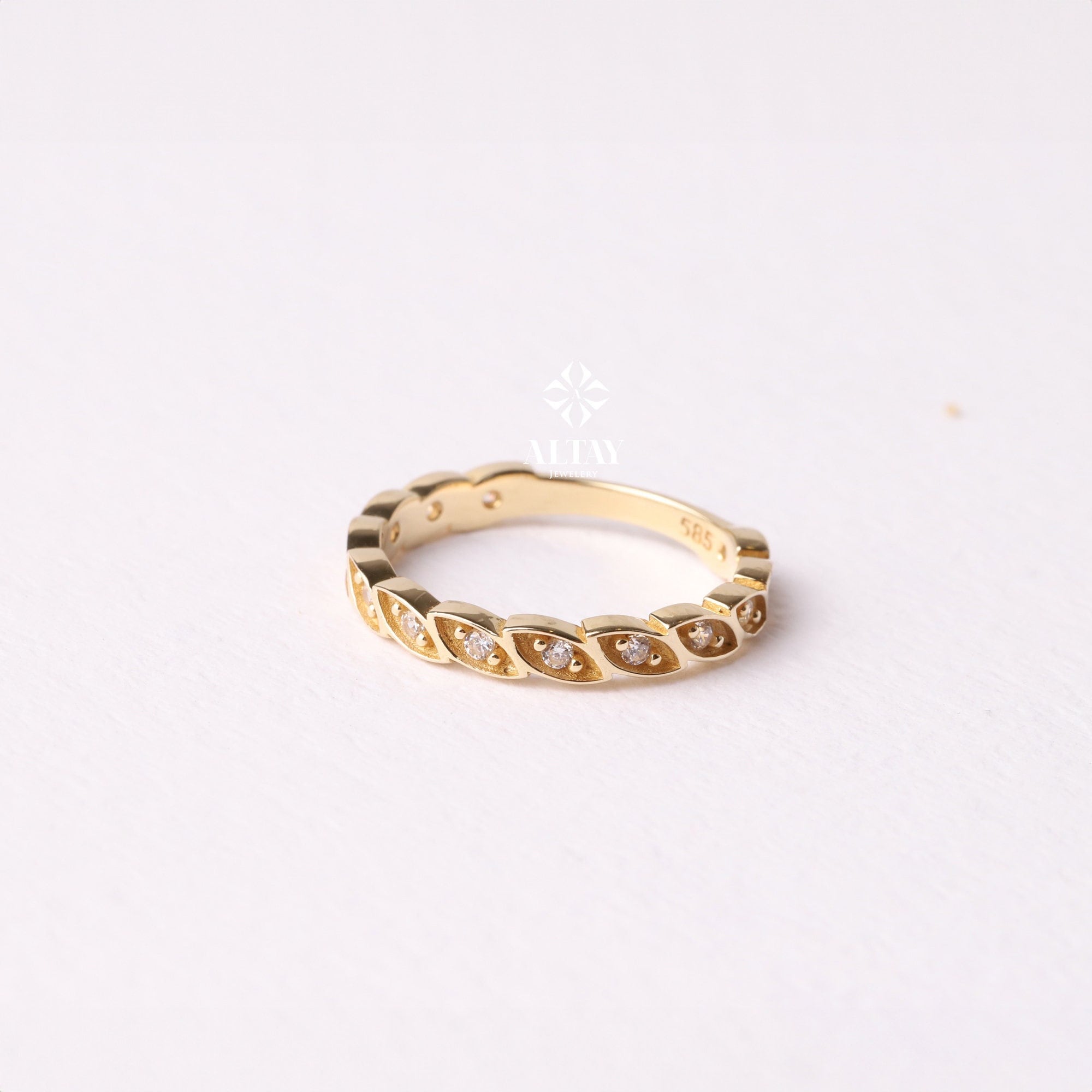 14K Gold Vine Ring, Art Deco Wedding Band Ring, Leaf Band Ring, Nature Inspired Ring, Marquise Wedding Band, Cz Half Eternity Ring