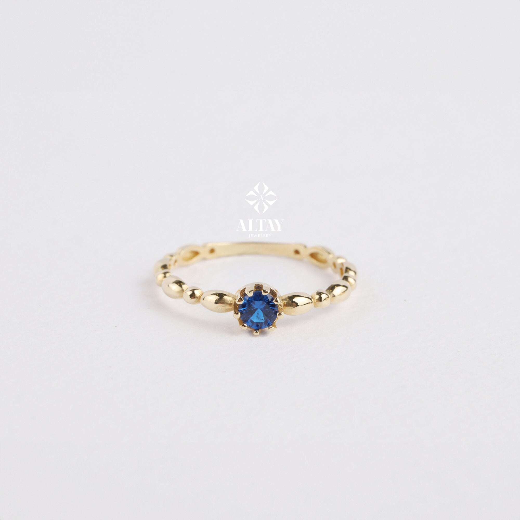 14K Gold Engagement Ring, Solitaire Gold Ring, Art Deco Band Ring, Promise Ring, Birthstone Ring, Stacking Bridal Ring, Beaded Gold Ring