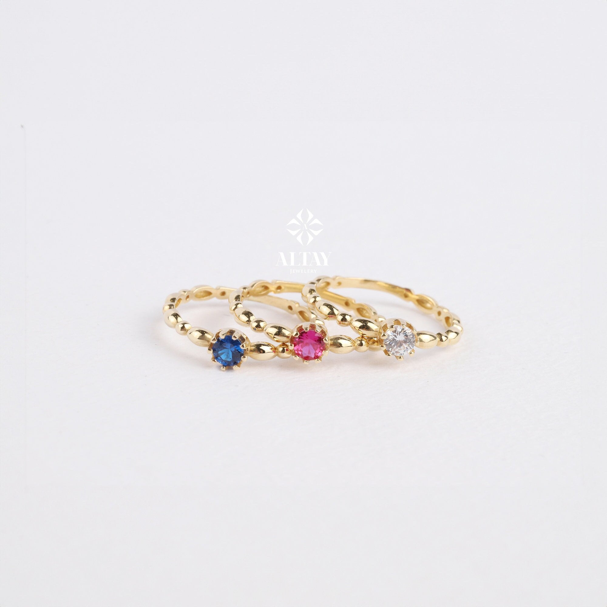 14K Gold Engagement Ring, Solitaire Gold Ring, Art Deco Band Ring, Promise Ring, Birthstone Ring, Stacking Bridal Ring, Beaded Gold Ring