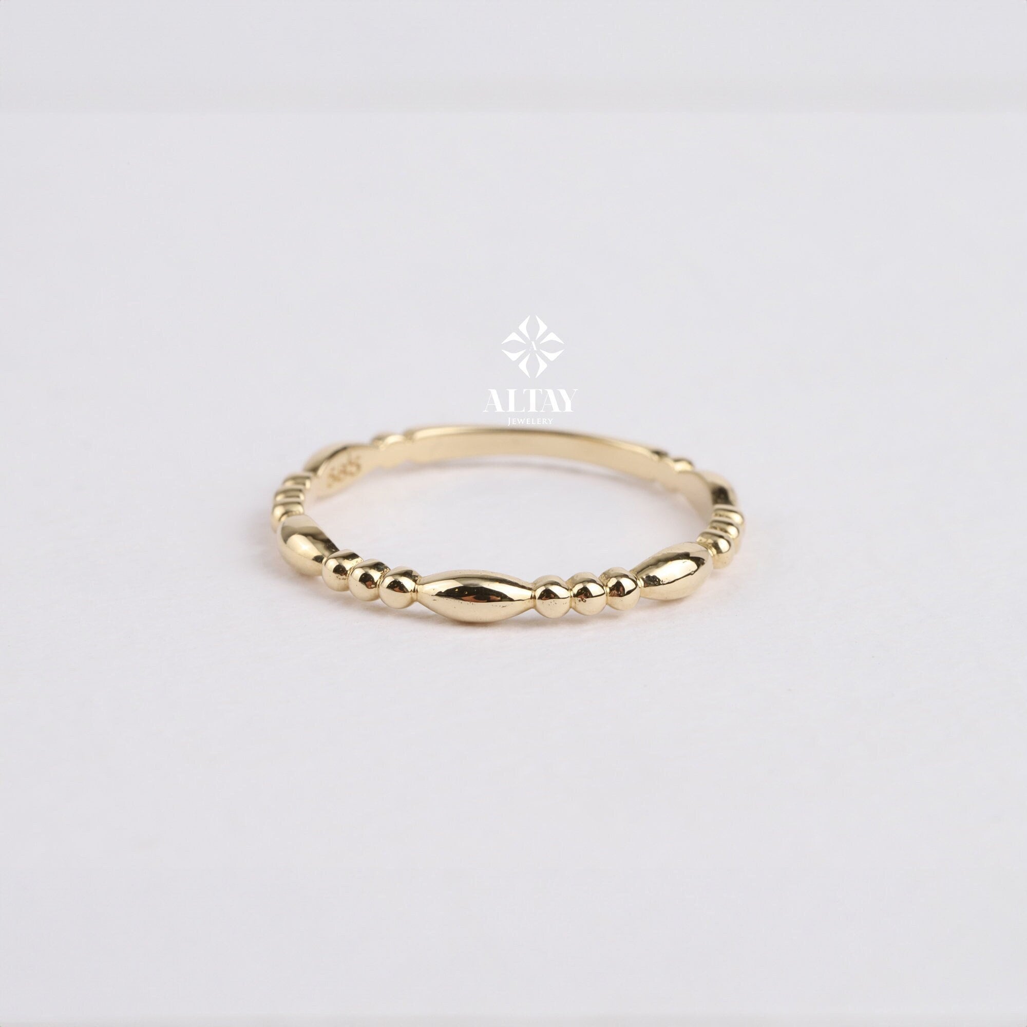 14K Gold Ball Ring, Beaded Knuckle Band, Tiny Bead Ring, Minimalist Stacking Ring, Oval Bead Eternity Ring, Dainty Wedding Ring, Drop Shape
