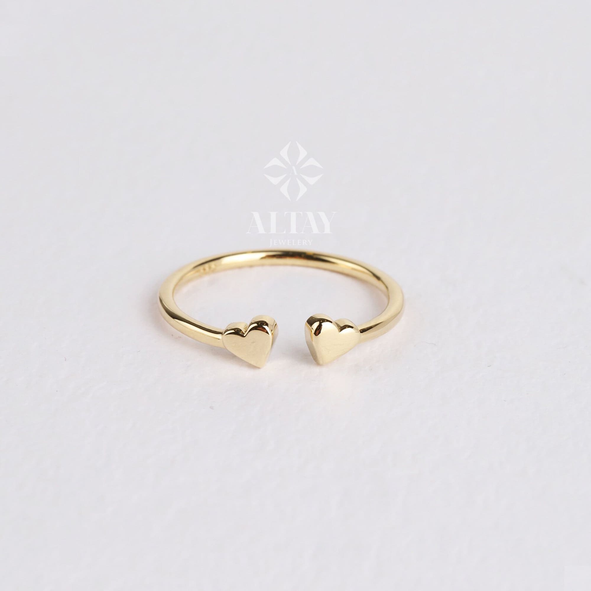 14K Gold Heart Ring, Double Heart Ring, Personalized Open Heart, Minimalist Stackable Ring, Promise Knuckle Band Ring, Love Promise Ring