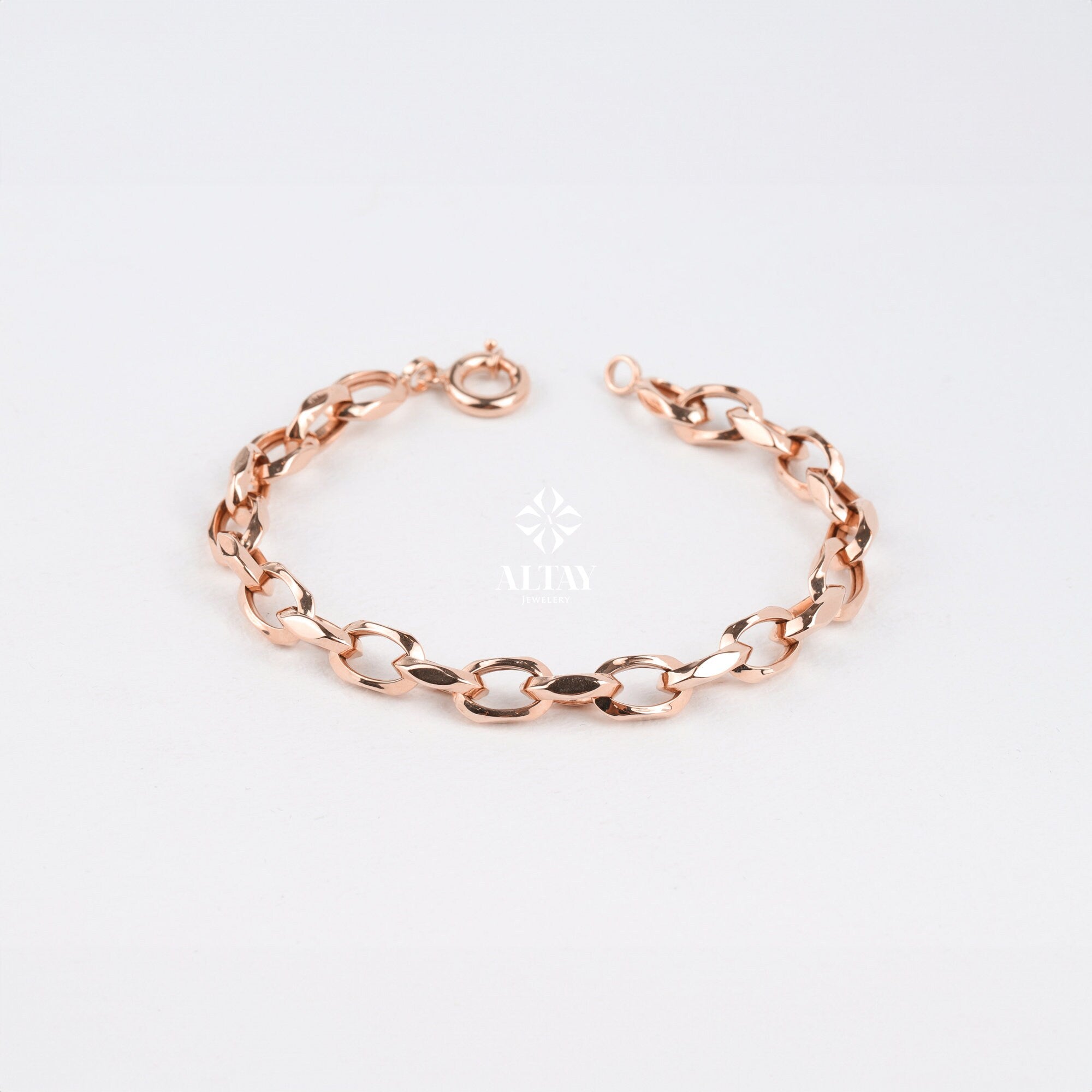 14K Gold Paperclip Rolo Chain Bracelet, Belcher Chain Bracelet, Oval Rectangle Paper Clip Chain, Faced Chain Bracelet, Dainty Gold Bracelet