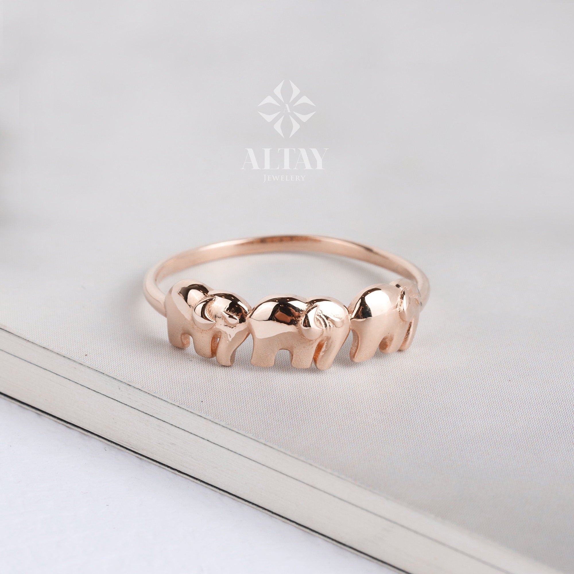 14K Gold Three Elephant Ring, Stacking Elephant Ring, Animal Gold Band Ring, Good Luck Ring, Mother Elephant Ring, Valentines Day Gift