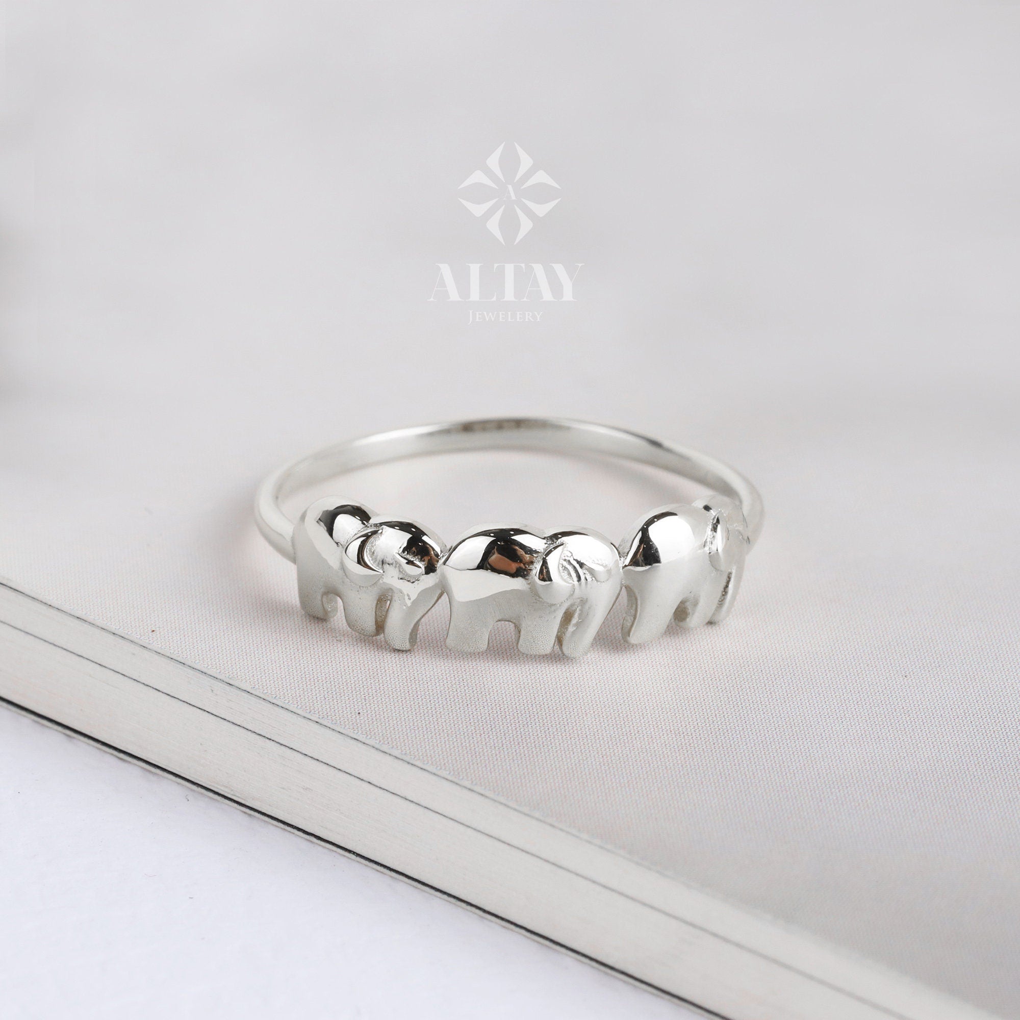 14K Gold Three Elephant Ring, Stacking Elephant Ring, Animal Gold Band Ring, Good Luck Ring, Mother Elephant Ring, Valentines Day Gift