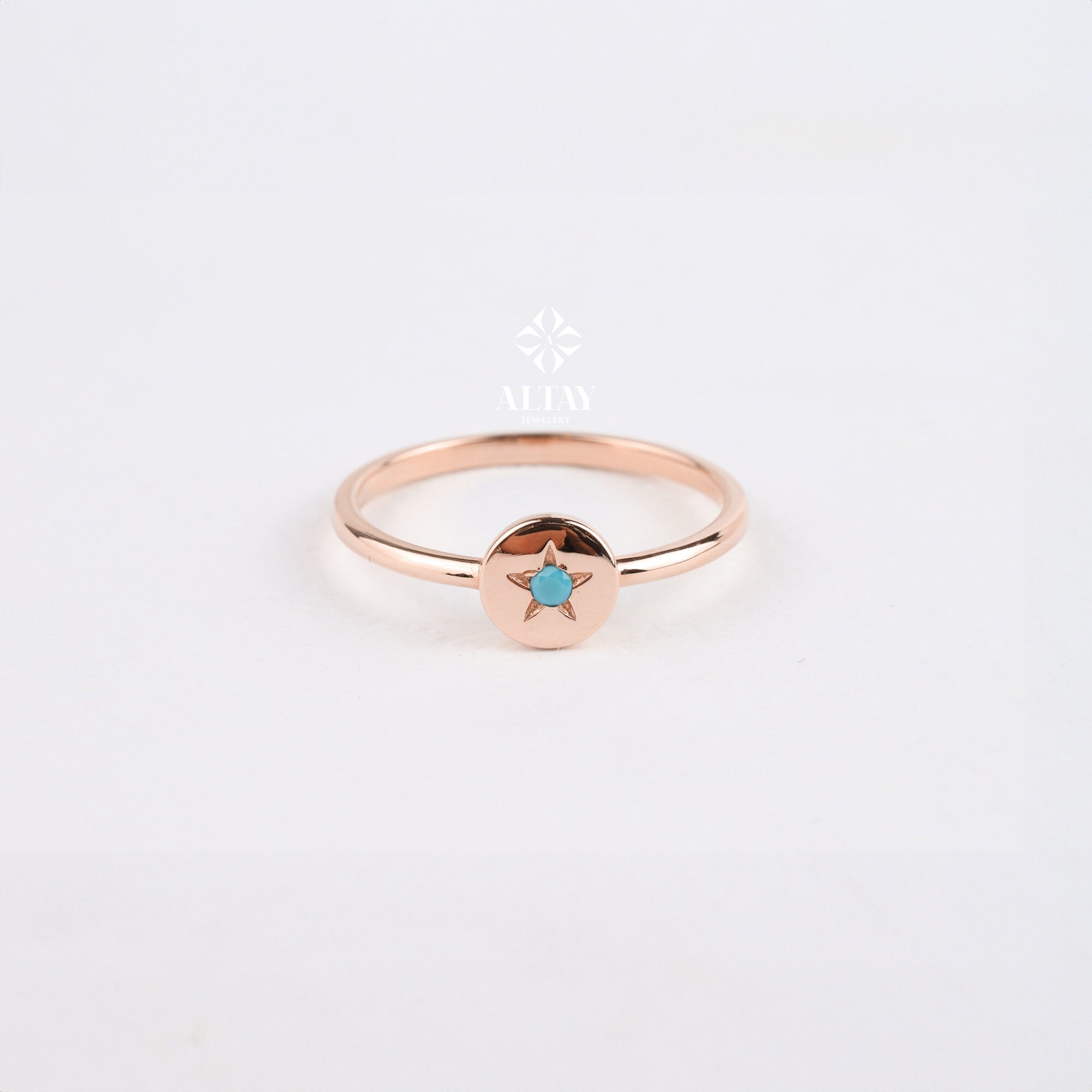 14K Gold Star Ring, Tiny Pinky Star Ring, Turquoise Polar Star Band, Round North Star Ring, Celestial Dainty Ring, Minimalist Matching Ring
