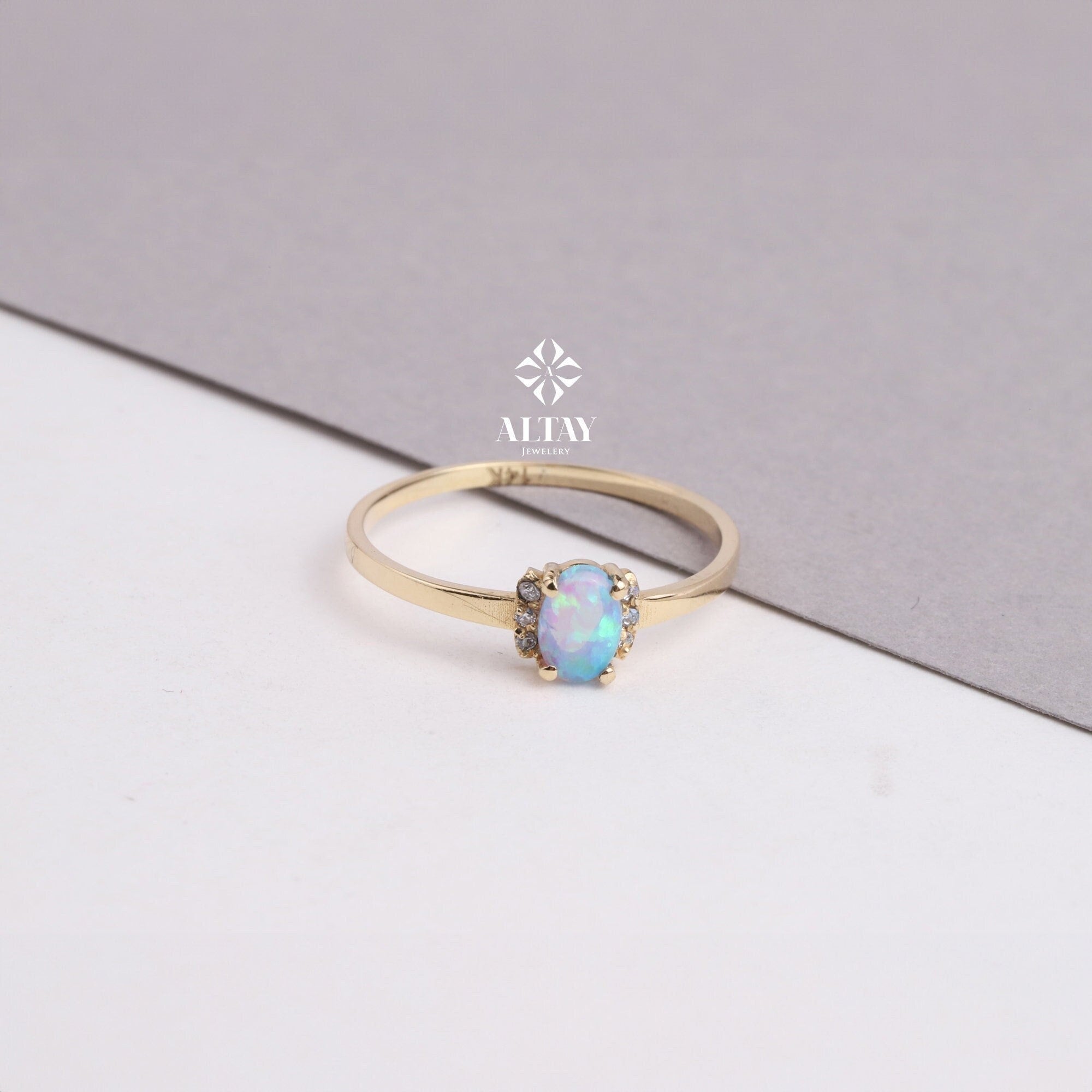 14K Gold Blue Opal Ring, Opal Engagement Ring, Oval Opal Band Ring, Dainty Blue Gemstone Ring, Solitaire Gold Ring, Stacking Promise Ring