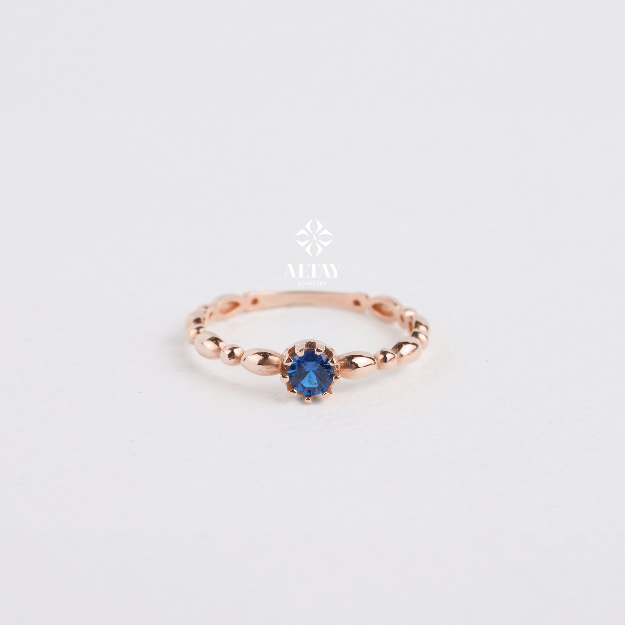 14K Gold Engagement Ring, Solitaire Gold Ring, Art Deco Band Ring, Promise Ring, Birthstone Ring, Stacking Bridal Ring, Beaded Gold Ring