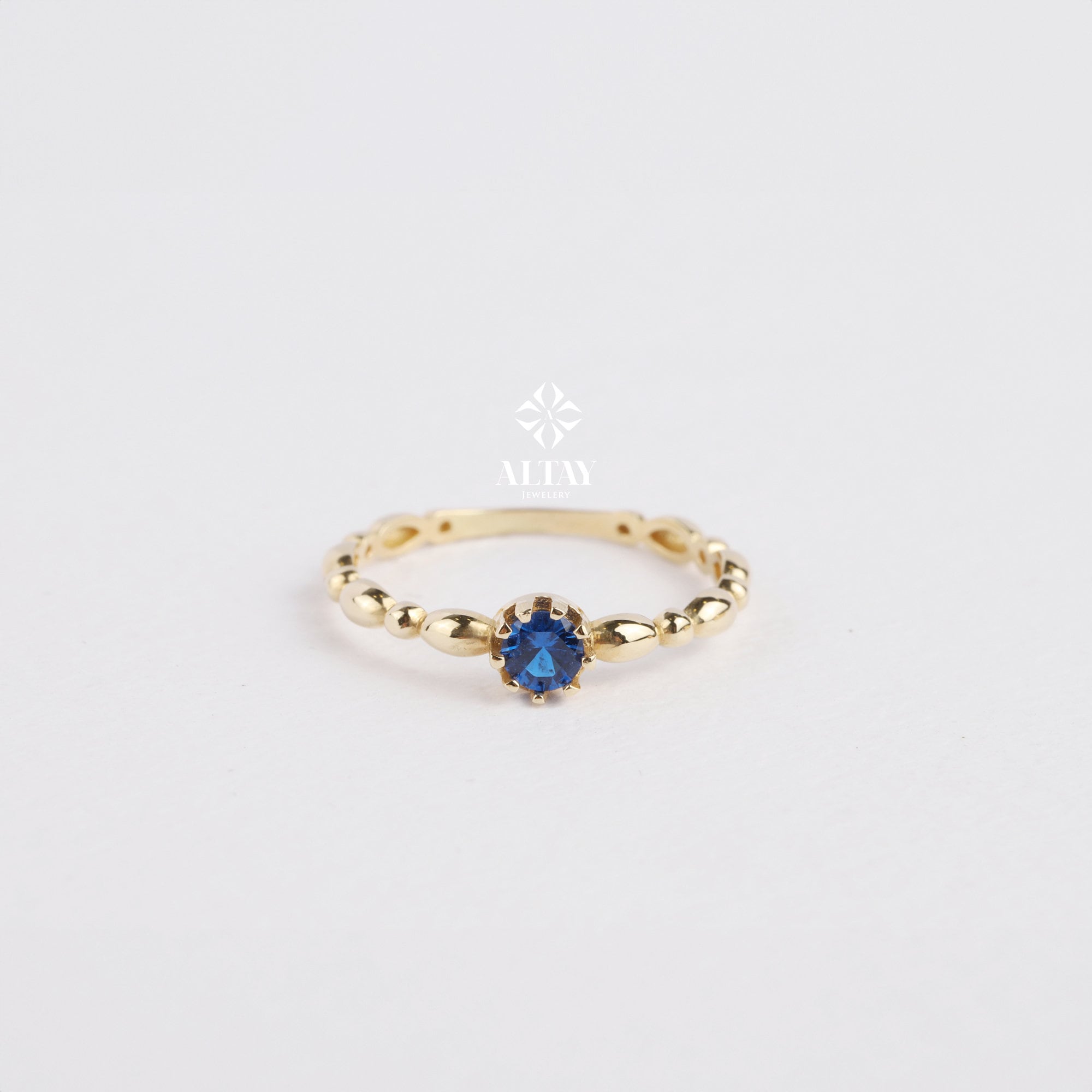 14K Gold Engagement Ring, Solitaire Gold Ring, Art Deco Band Ring, Promise Ring, Birthstone Ring, Stacking Bridal Ring, Beaded Gold Ring