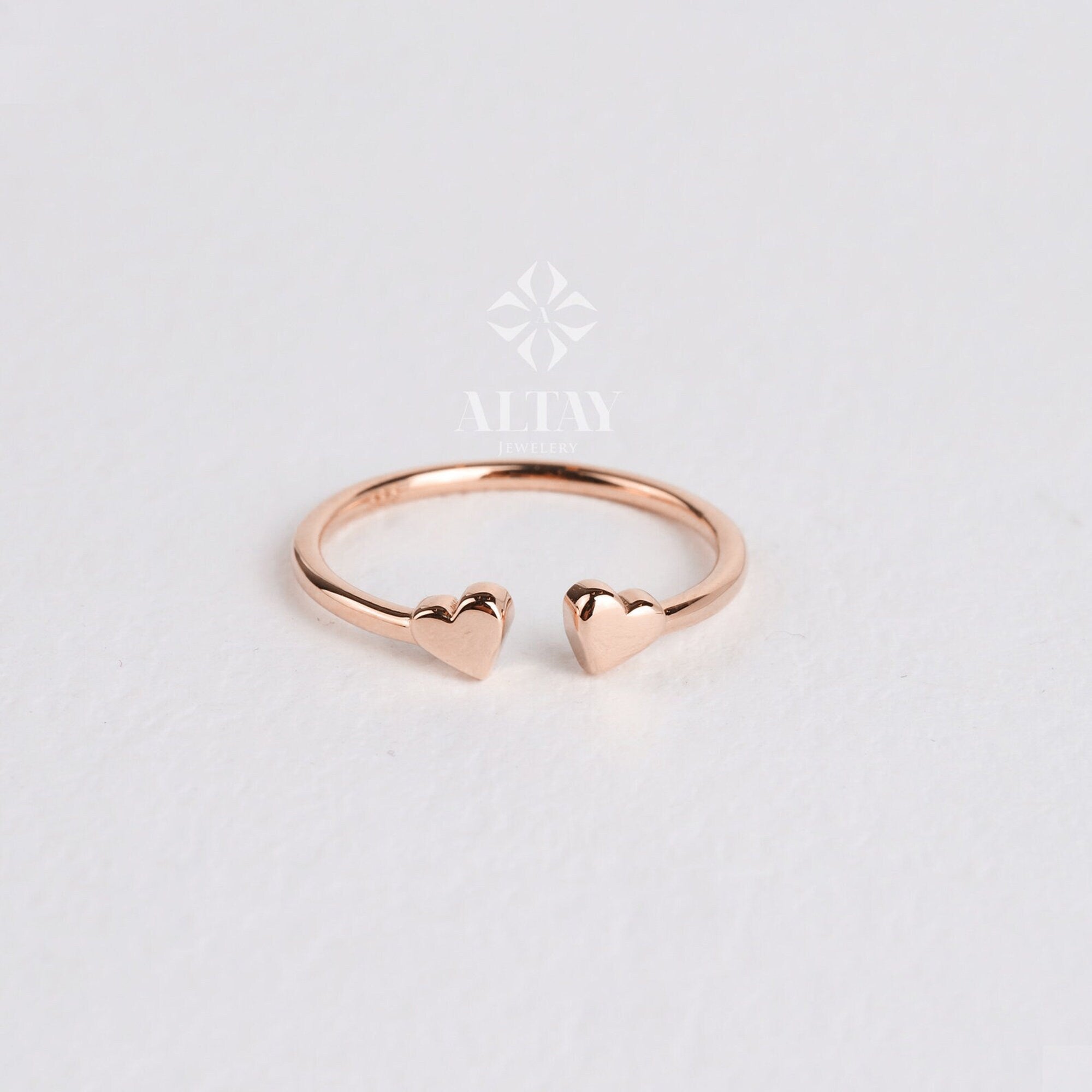 14K Gold Heart Ring, Double Heart Ring, Personalized Open Heart, Minimalist Stackable Ring, Promise Knuckle Band Ring, Love Promise Ring
