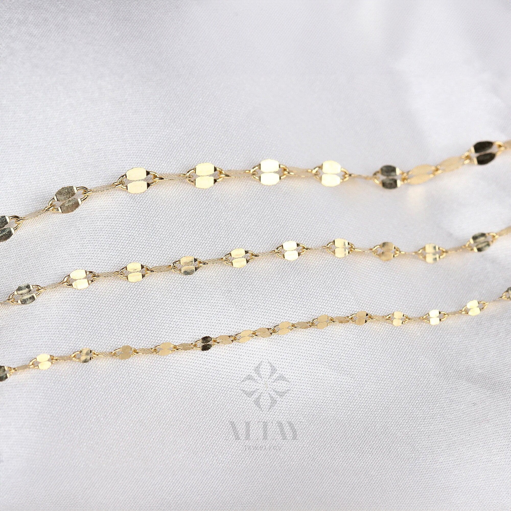 14K Solid Gold Sequin Bracelet, 2mm 3mm 4mm Thin Gold Bracelet, Dainty Chain Bracelet, Delicate Minimalist Handmade Bracelet, Gift For Her