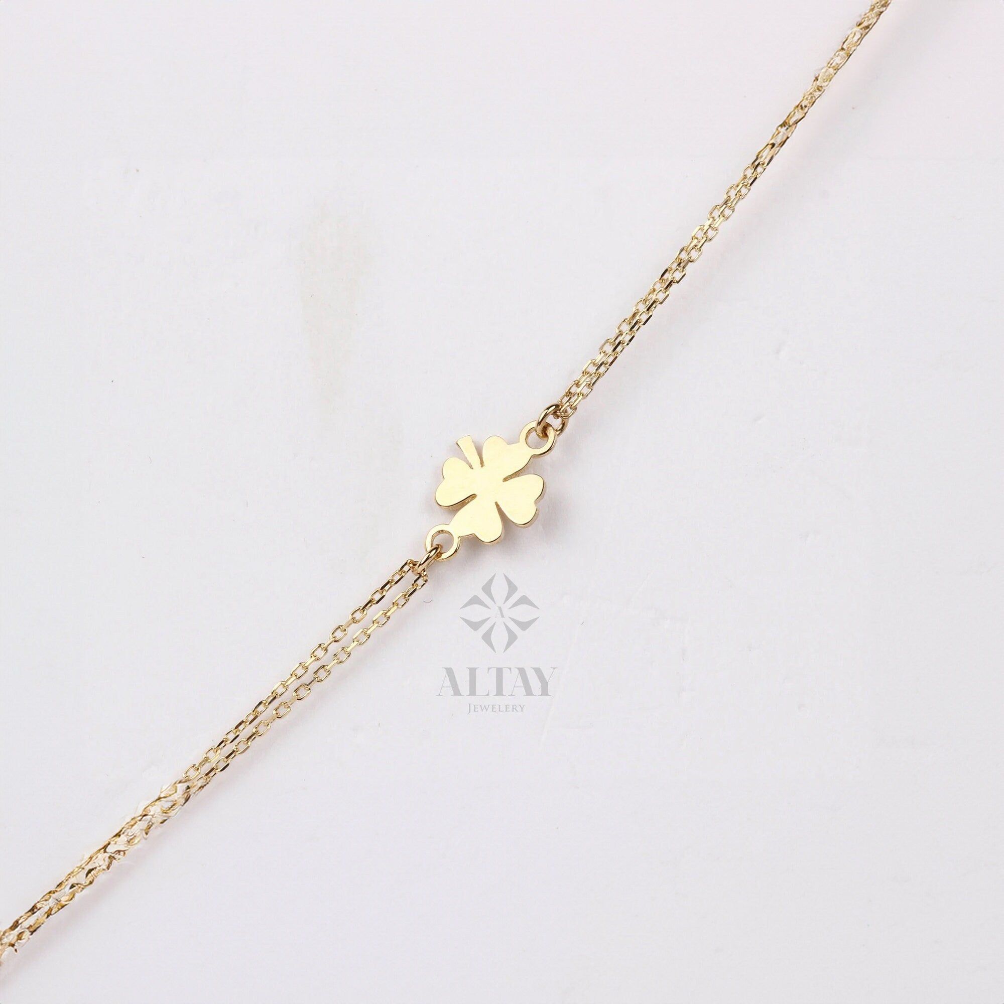 14K Gold Clover Bracelet, Shamrock Gold Bracelet, Nature Charm WristBand, Lucky Clover Bracelet, Four Leaf Clover Bracelet, Gift for Her