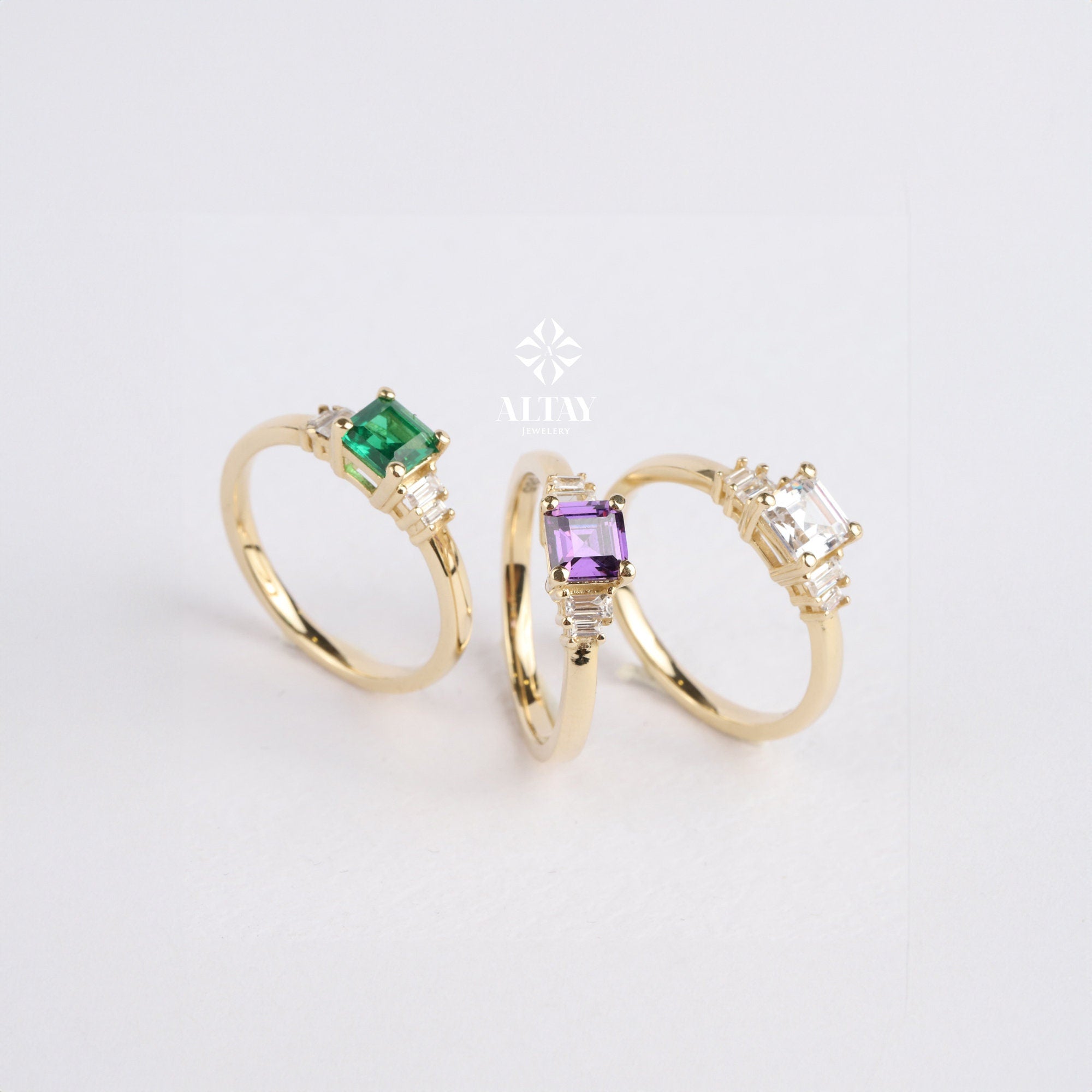 14K Gold Engagement Ring, Art Deco Gold Baguette Ring, Gemstone Anniversary Ring, Minimalist Stacking Ring, Birthstone Band Ring, Gift Her