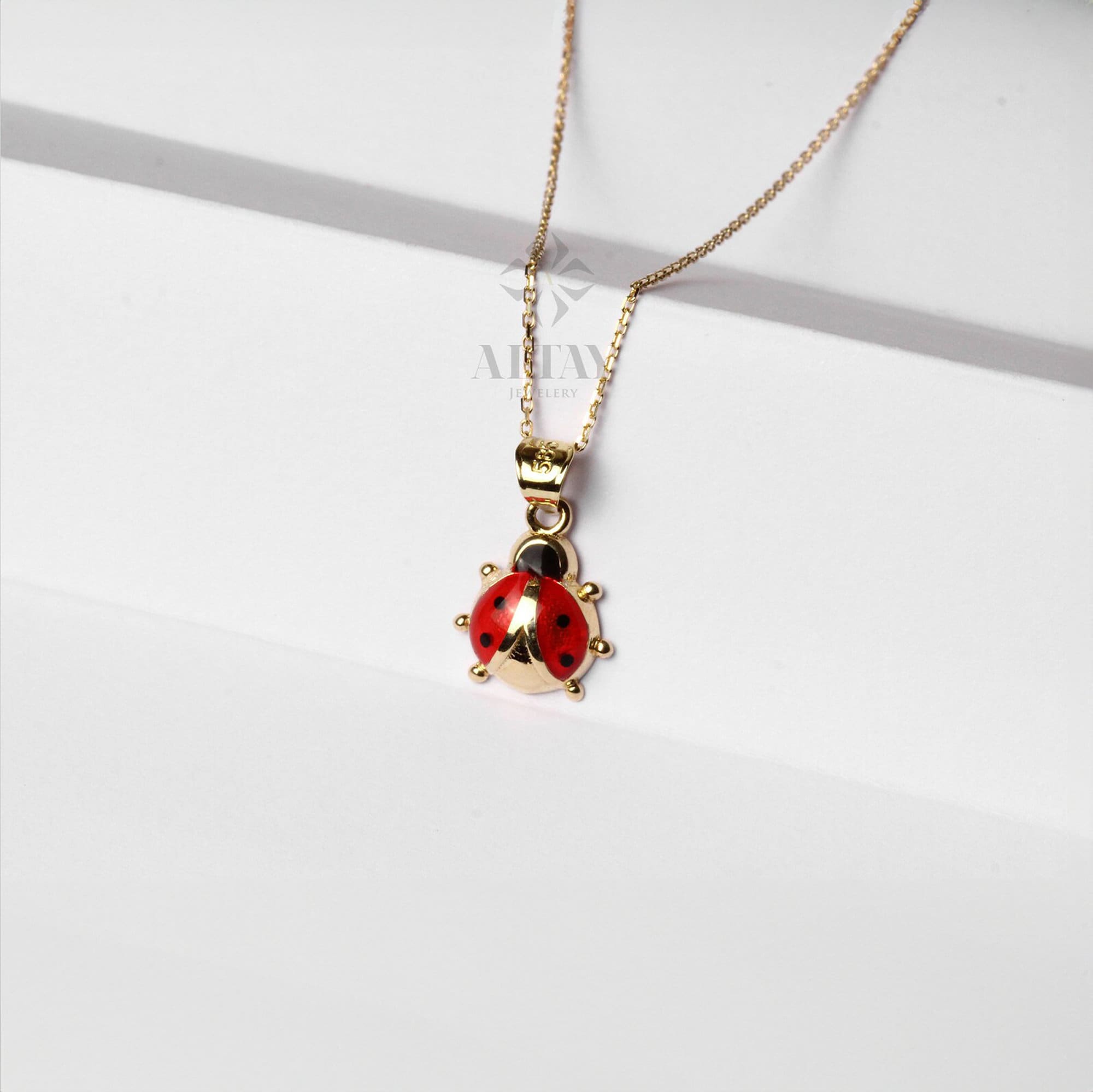 14K Gold Ladybug Necklace, Tiny Ladybug Charm Pendant, Red Enamel Good Luck Necklace, Ladybird Lovers, Minimalist Gold Pendant