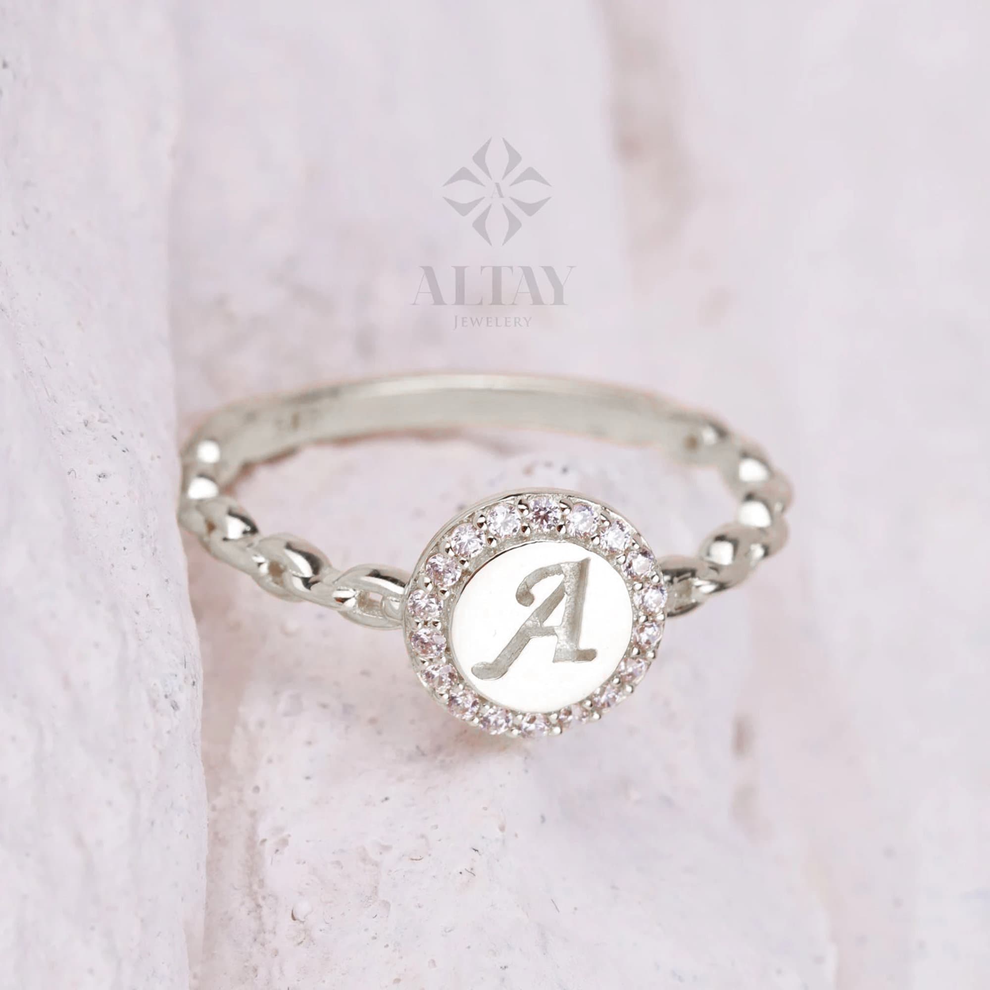 14K Gold Initial Ring, Round Signet Ring, Engraved Pinky Ring, Personalized Stacking Ring, Chain Band Ring, Custom Cursive Initial Ring