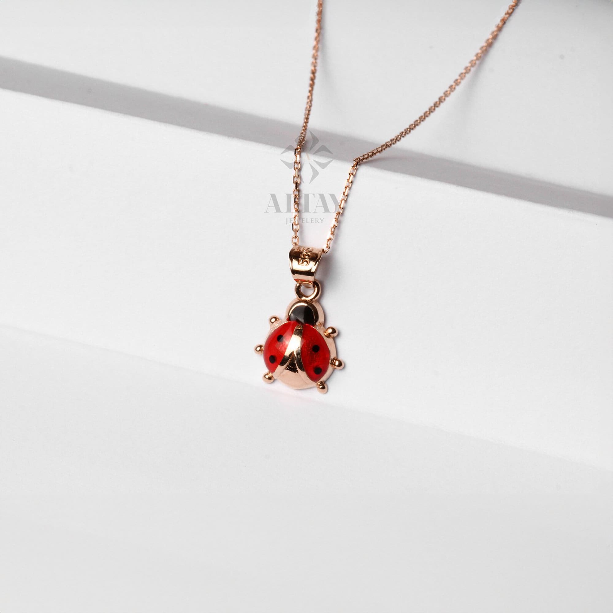 14K Gold Ladybug Necklace, Tiny Ladybug Charm Pendant, Red Enamel Good Luck Necklace, Ladybird Lovers, Minimalist Gold Pendant