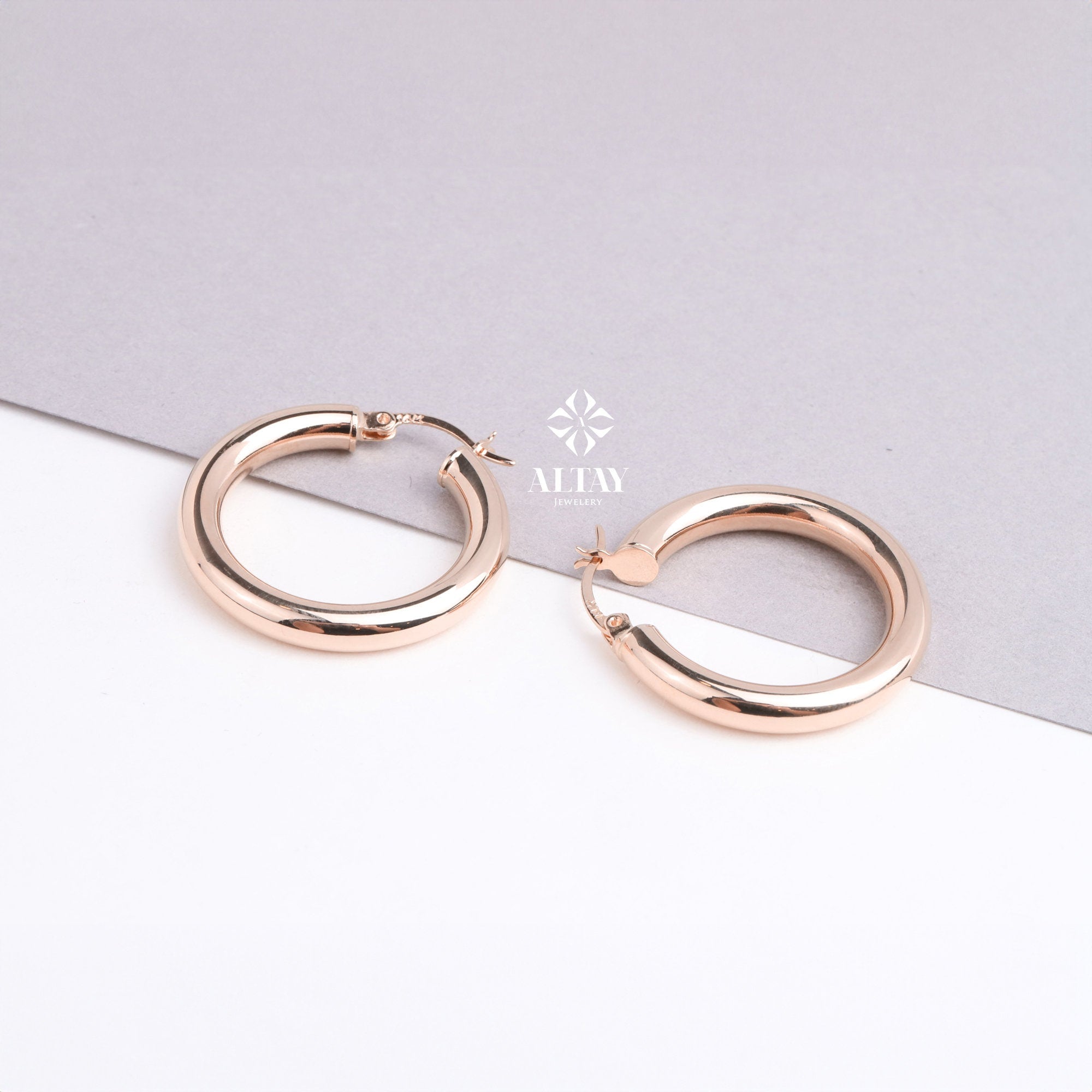 14K Gold Round Hoop Earrings, Classic Hoop Earrings, 15mm Shiny Hoops, Classic Jewelry Handmade, Lightweight Hoops