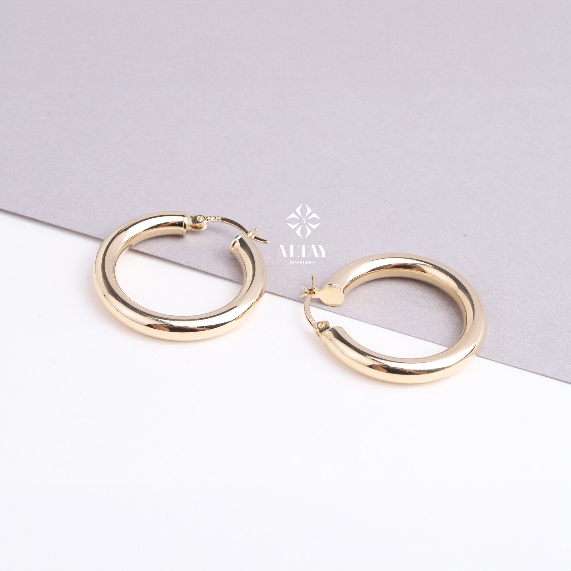 14K Gold Round Hoop Earrings, Classic Hoop Earrings, 15mm Shiny Hoops, Classic Jewelry Handmade, Lightweight Hoops