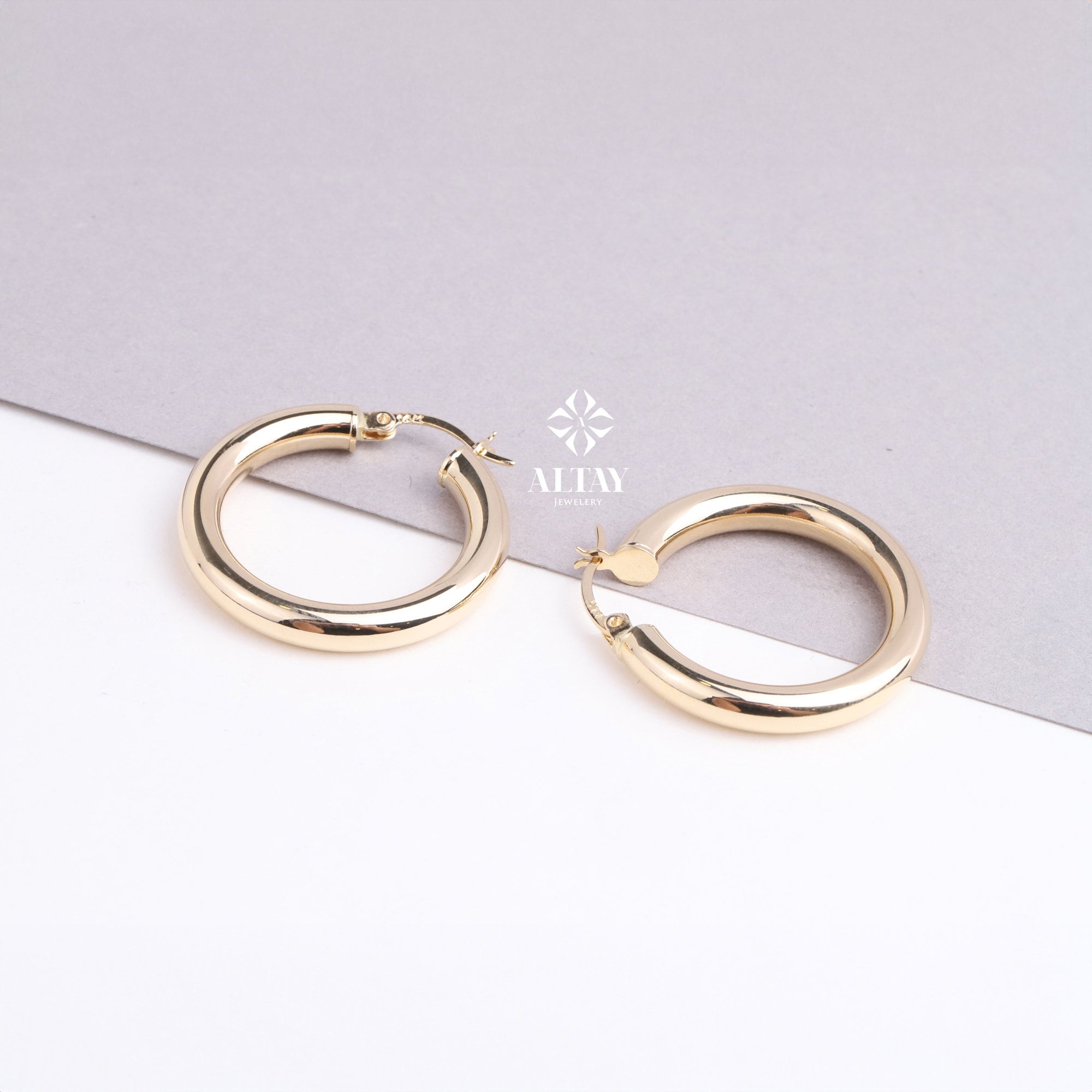 14K Gold Round Hoop Earrings, Classic Hoop Earrings, 15mm Shiny Hoops, Classic Jewelry Handmade, Lightweight Hoops