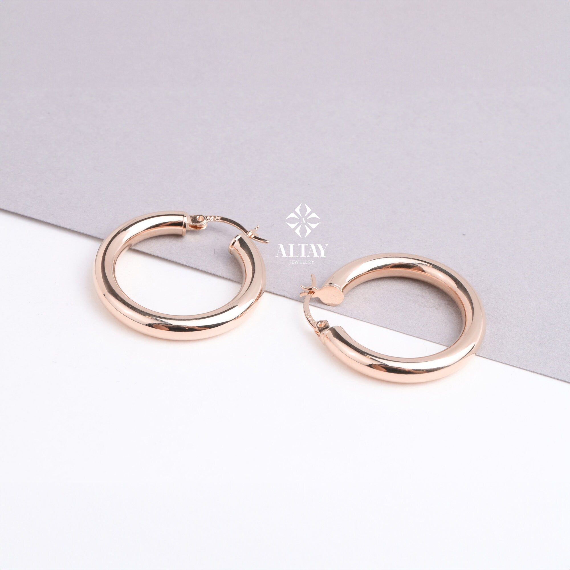 14K Gold Round Hoop Earrings, Classic Hoop Earrings, 15mm Shiny Hoops, Classic Jewelry Handmade, Lightweight Hoops