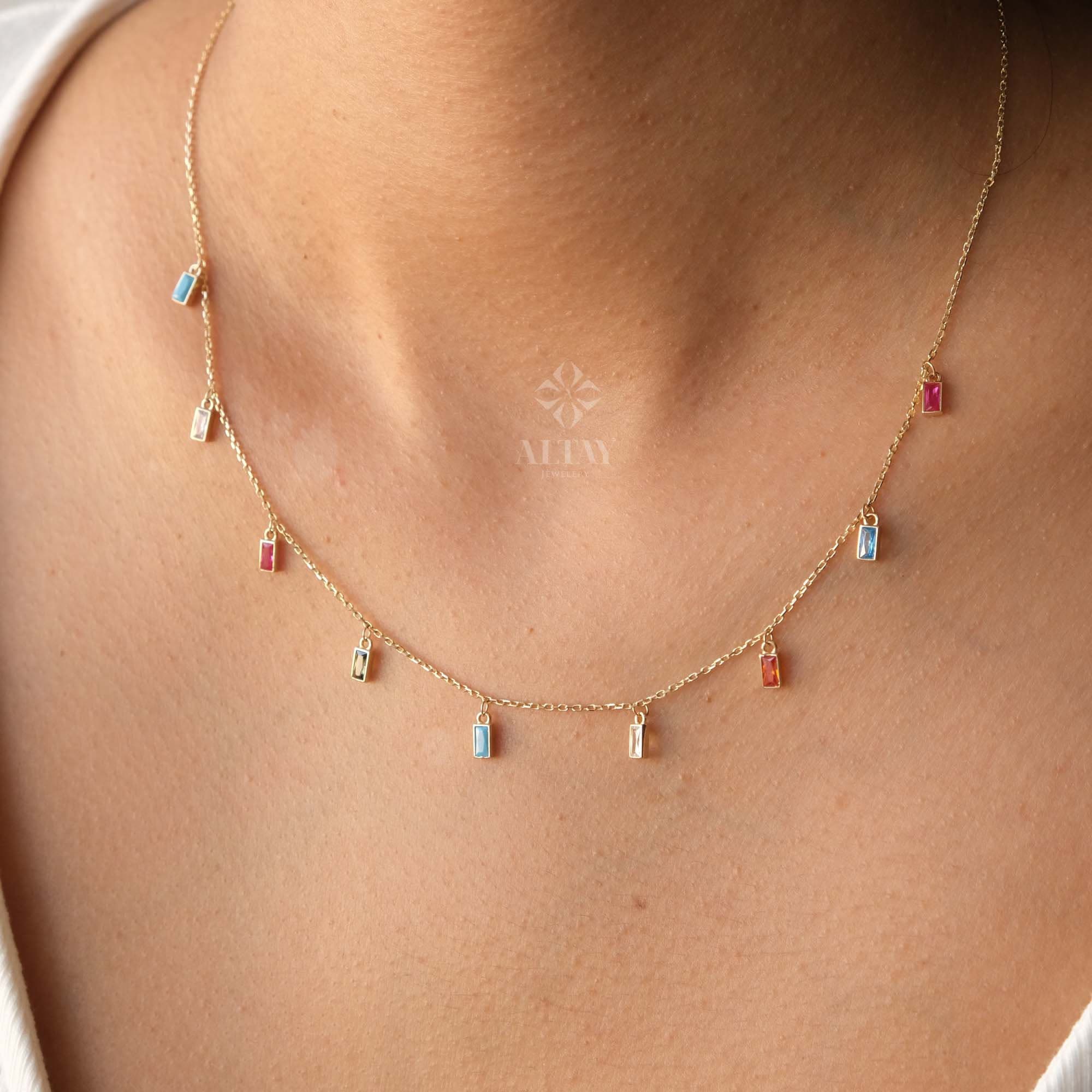 14K Gold Colorful Dangling Necklace, Multi Baguette Necklace, Italian Dangling Bead Choker, Colorful Gold Station Necklace, Gift For Her Him