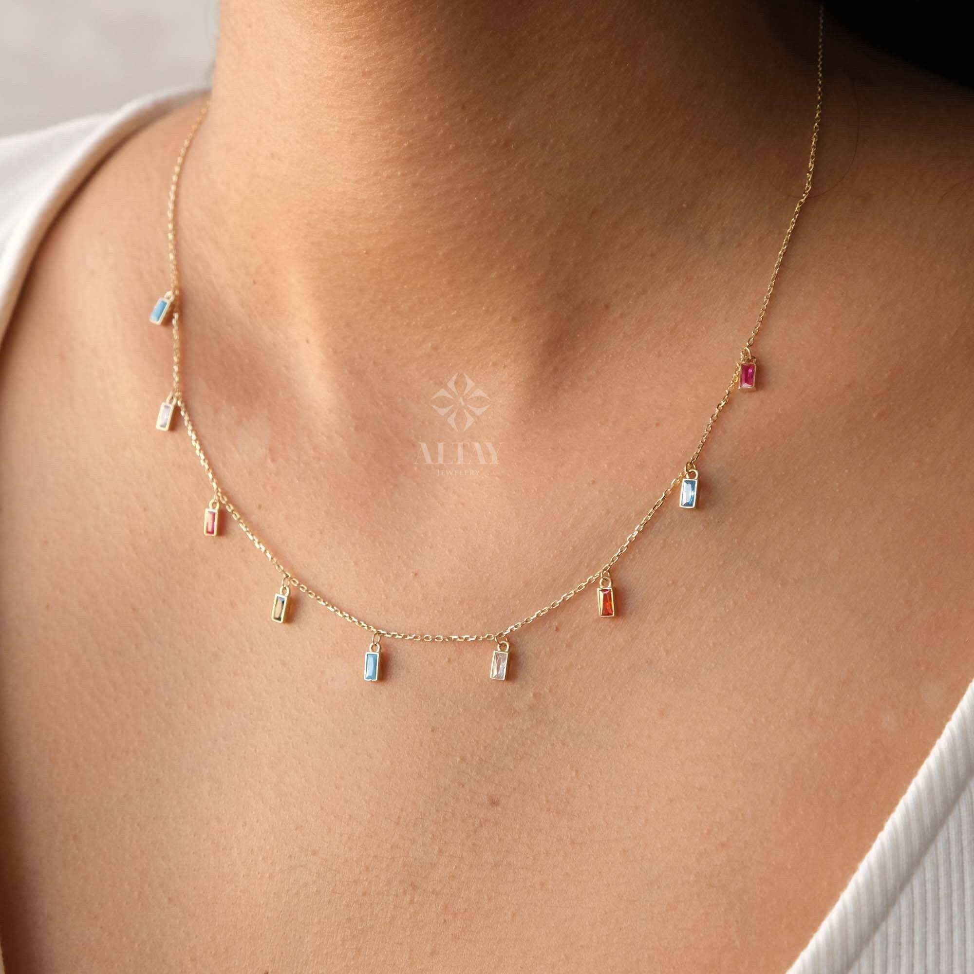 14K Gold Colorful Dangling Necklace, Multi Baguette Necklace, Italian Dangling Bead Choker, Colorful Gold Station Necklace, Gift For Her Him