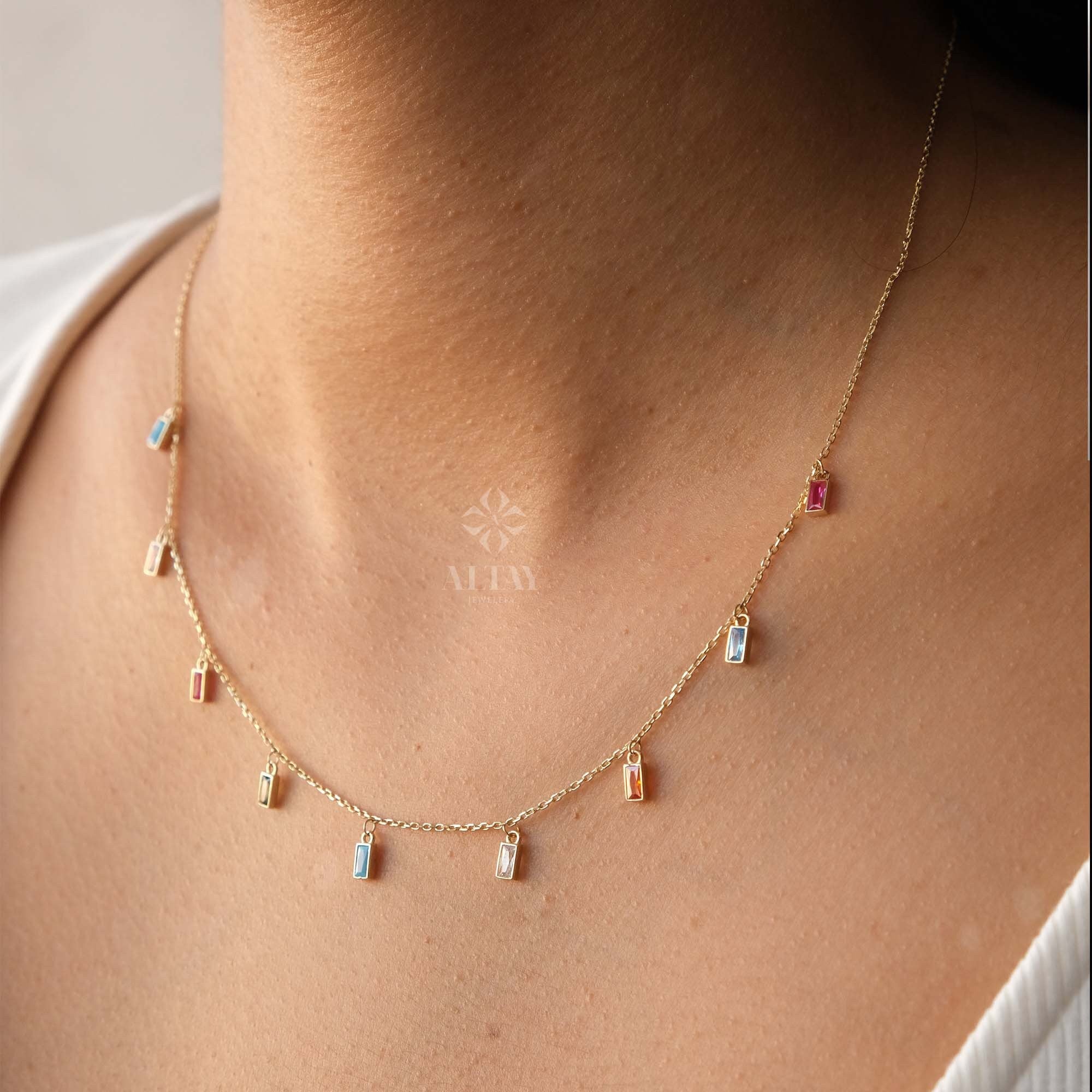 14K Gold Colorful Dangling Necklace, Multi Baguette Necklace, Italian Dangling Bead Choker, Colorful Gold Station Necklace, Gift For Her Him