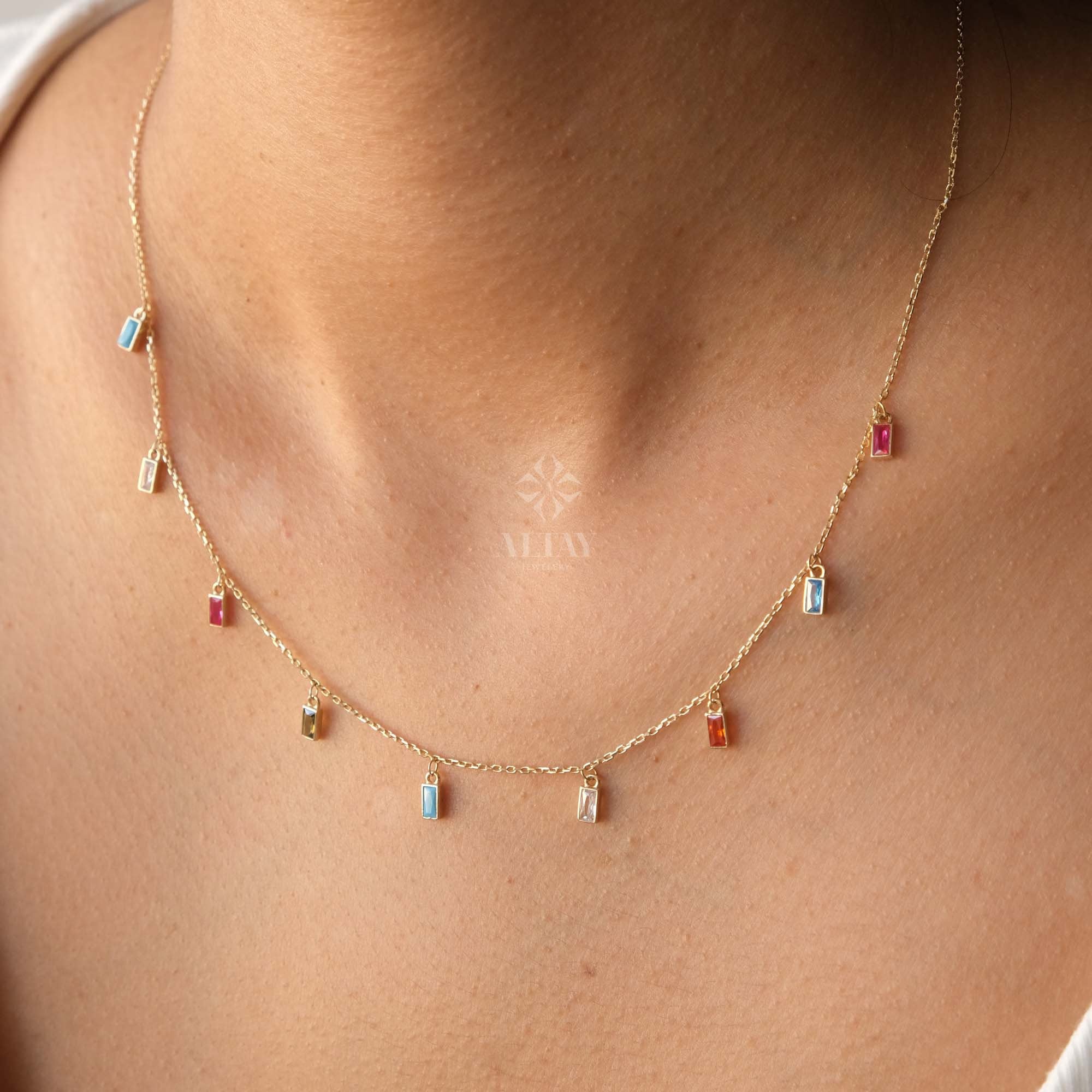 14K Gold Colorful Dangling Necklace, Multi Baguette Necklace, Italian Dangling Bead Choker, Colorful Gold Station Necklace, Gift For Her Him