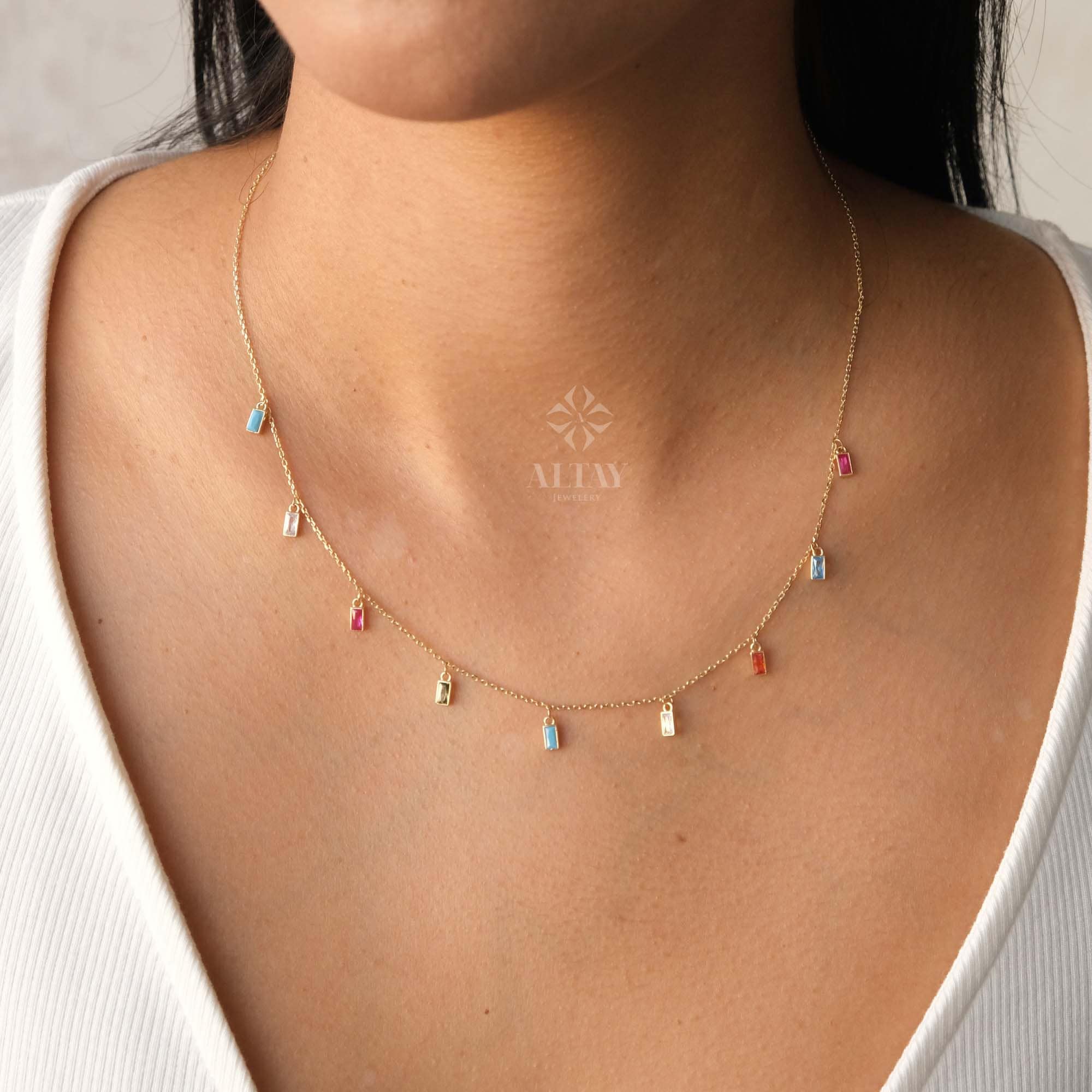 14K Gold Colorful Dangling Necklace, Multi Baguette Necklace, Italian Dangling Bead Choker, Colorful Gold Station Necklace, Gift For Her Him
