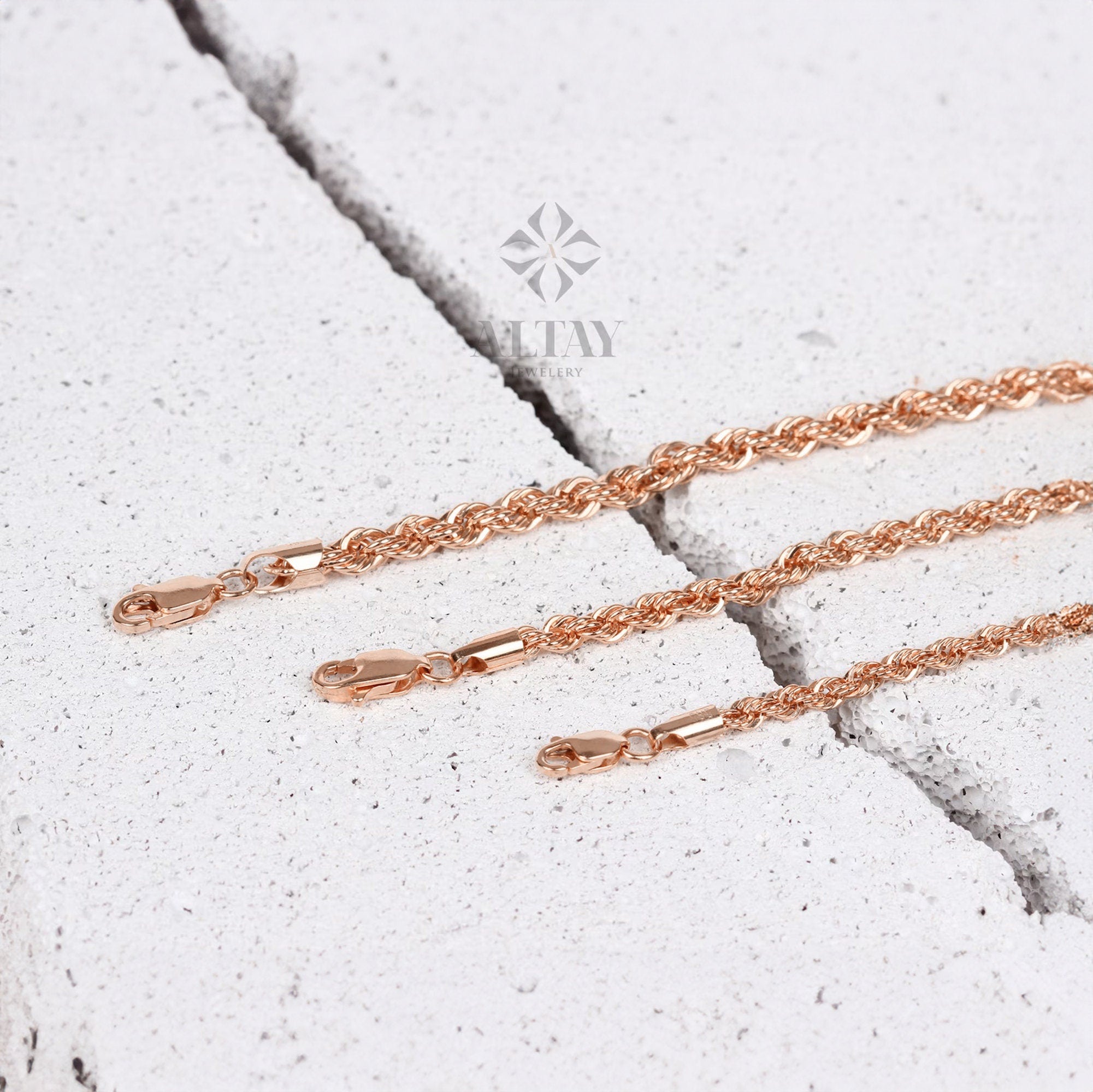 14K Gold Rope Chain Bracelet, 2mm 3mm 4mm Rope Chain, Diamond Cut Twisted Chain Bracelet, Men, Woman Stacking Bracelet Anklet, Gift For Her